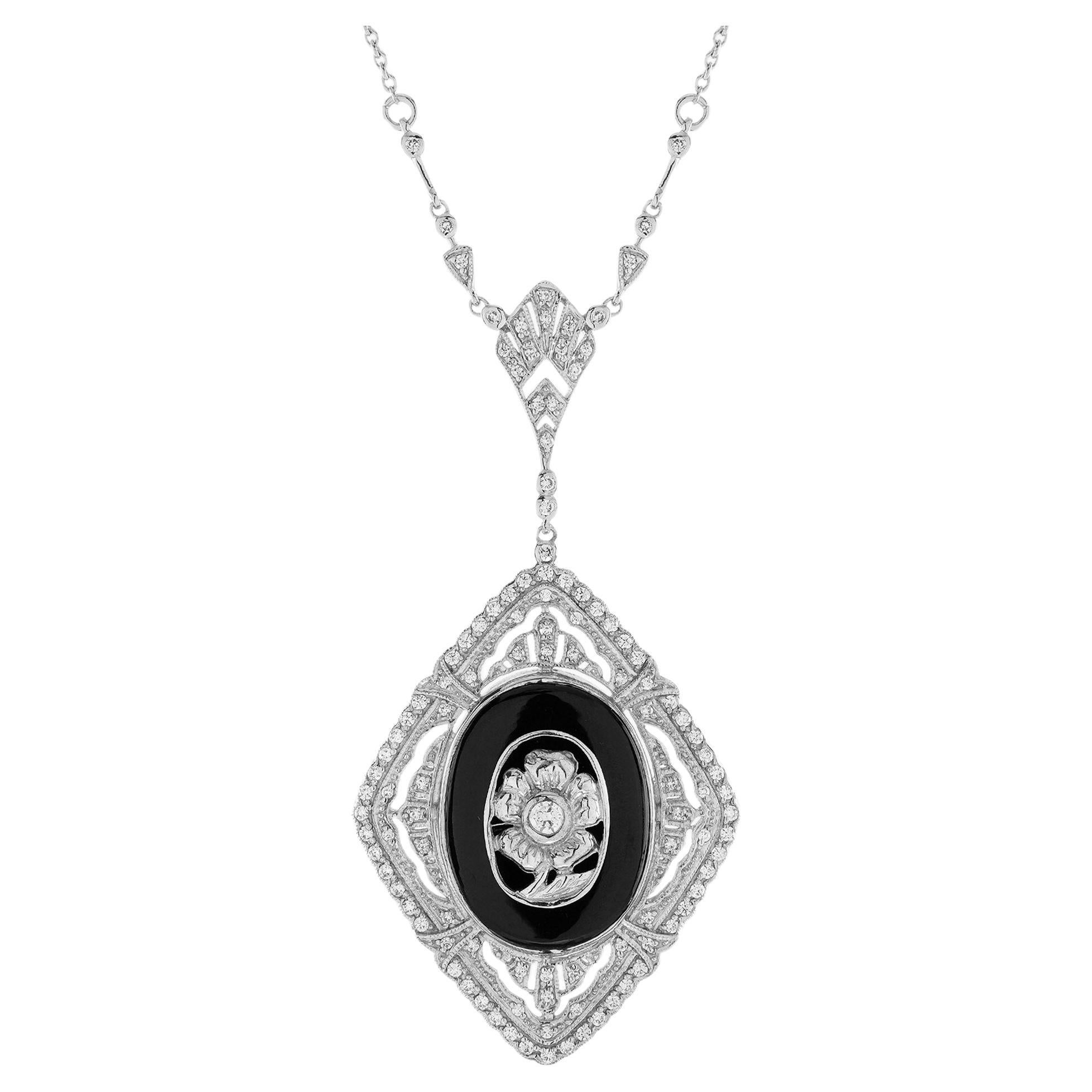 Diamond and Onyx Art Deco Style Flower Pendant Necklace in 14K White Gold For Sale