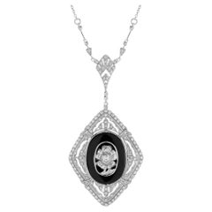 Collier pendentif fleur de style Art déco en or blanc 14 carats, diamants et onyx