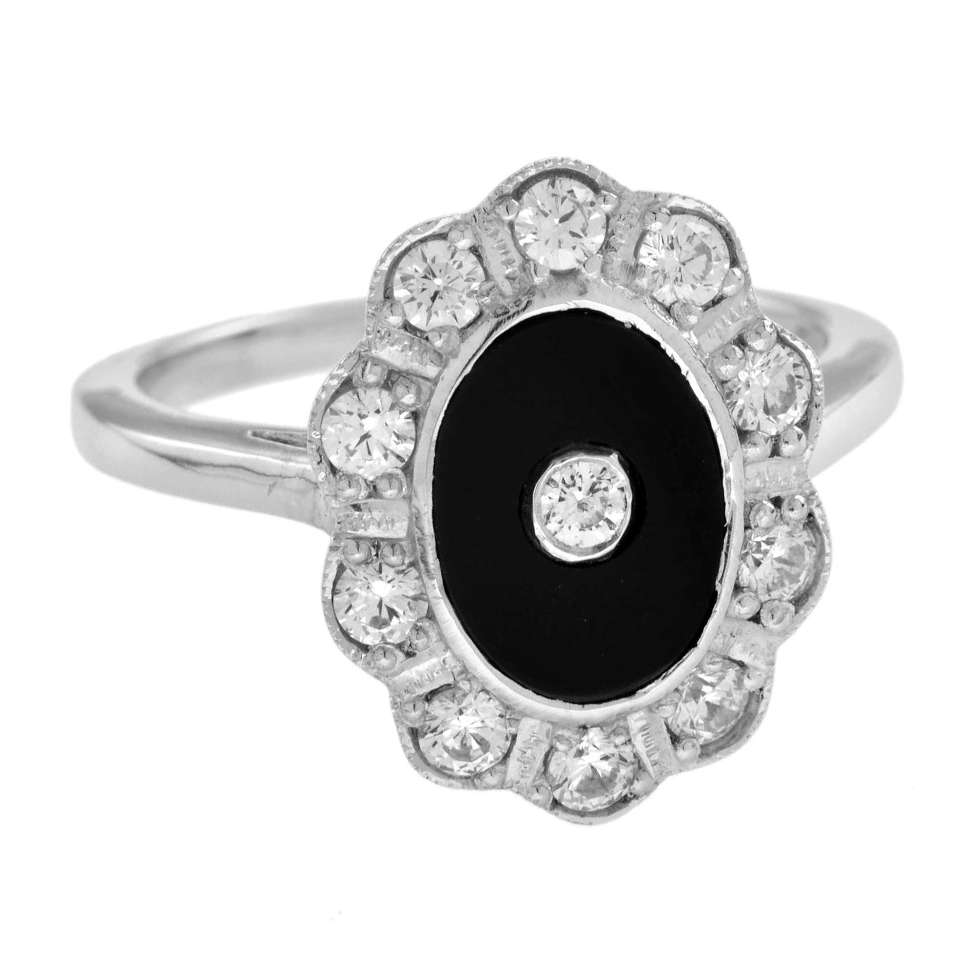 Round Cut Diamond and Onyx Art Deco Style Halo Ring in 14K White Gold For Sale
