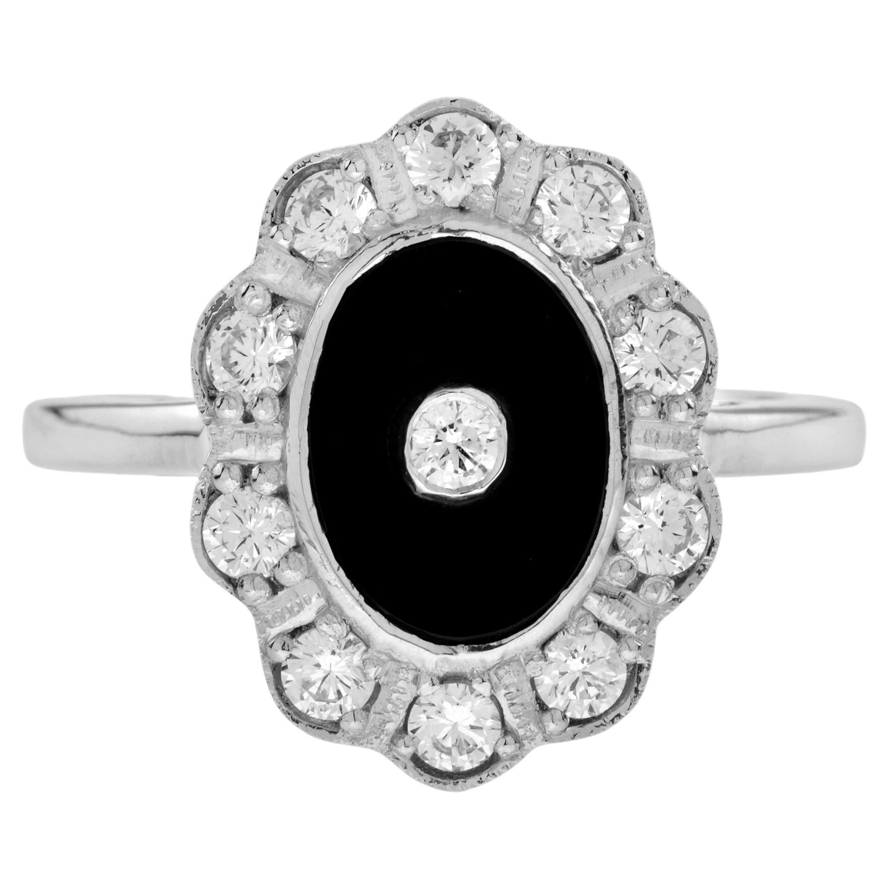 Diamond and Onyx Art Deco Style Halo Ring in 14K White Gold For Sale