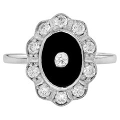Bague halo de style Art déco en or blanc 14 carats, diamants et onyx