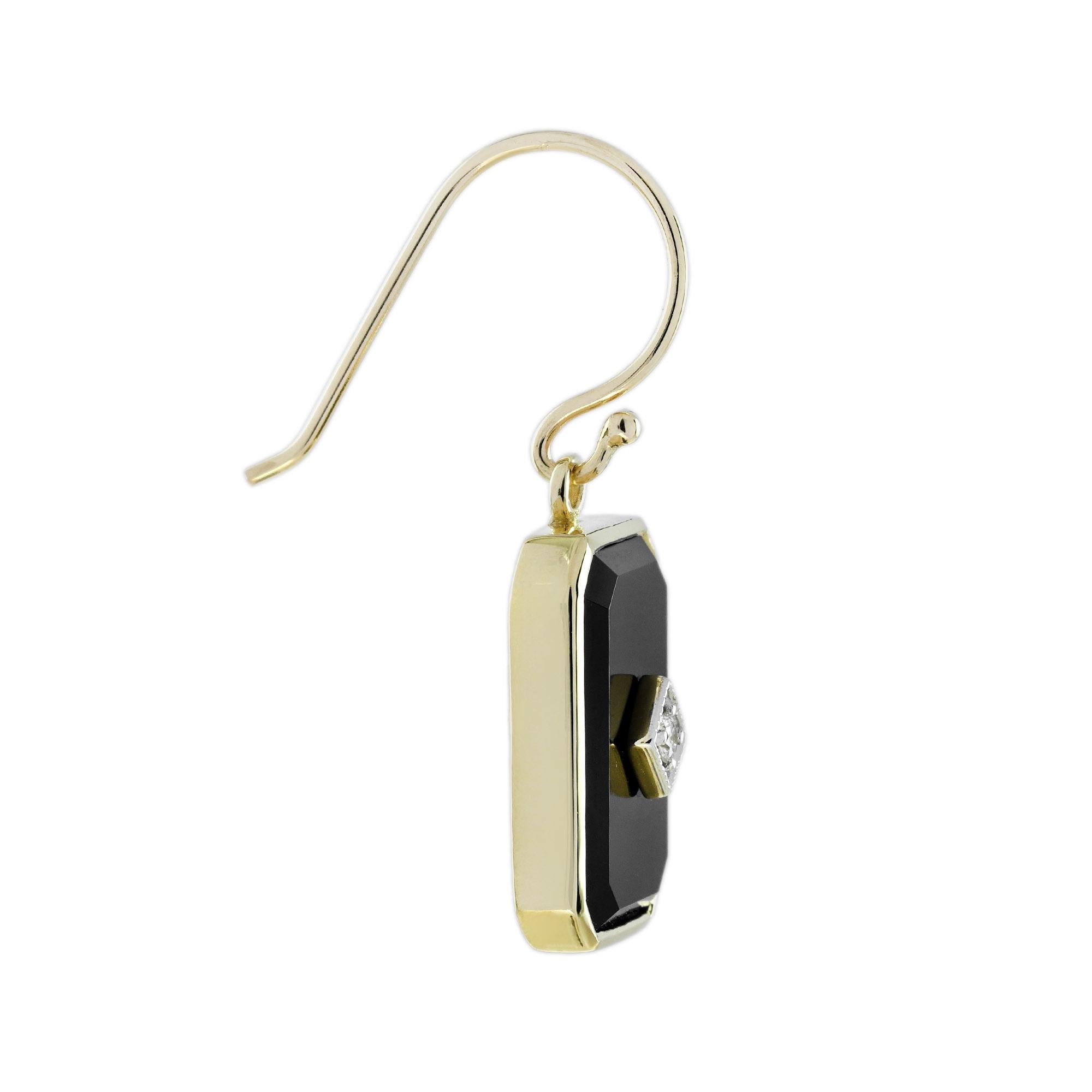Taille ronde Boucles d'oreilles pendantes de style Art déco en or jaune 9 carats avec diamants et onyx en forme de octogonale en vente