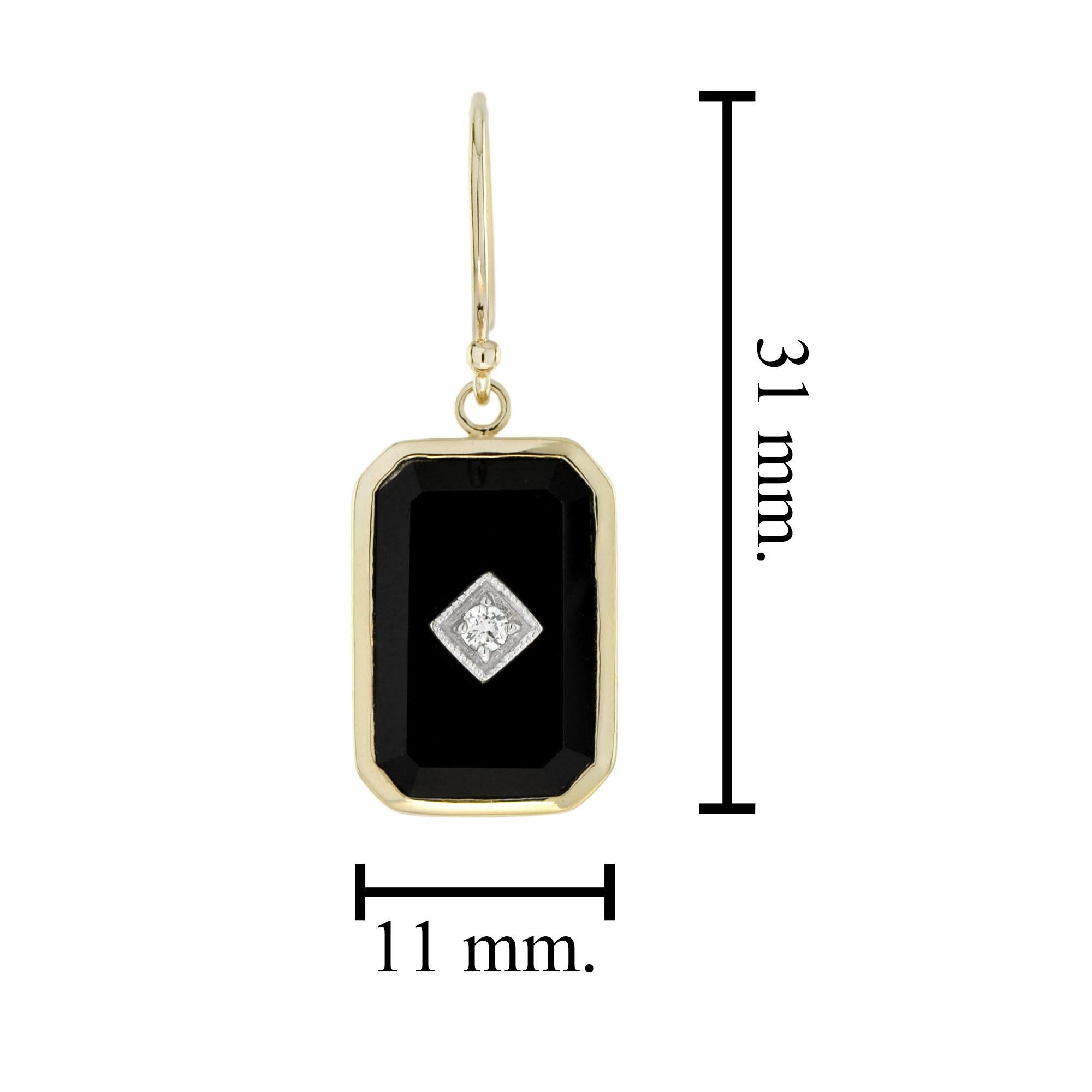 Boucles d'oreilles pendantes de style Art déco en or jaune 9 carats avec diamants et onyx en forme de octogonale Pour femmes en vente