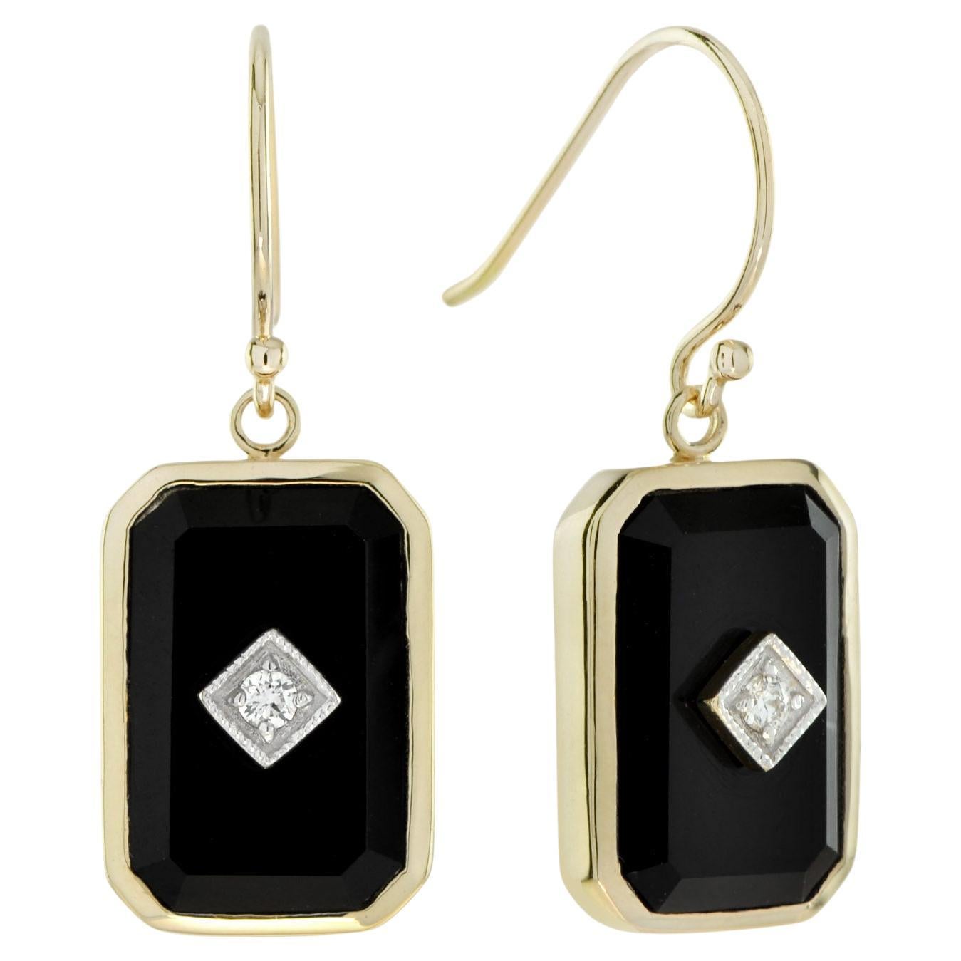 Diamond and Onyx Art Deco Style Octagon shaped Drop Earrings in 9K Yellow Gold