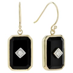 Pendientes en forma de octágono de oro amarillo de 9 quilates con diamantes y ónix estilo Art Déco