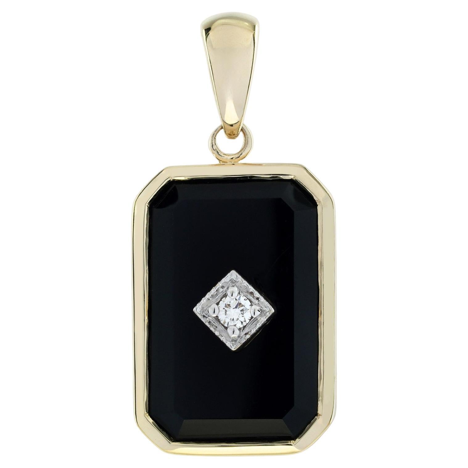 Pendentif en or jaune 9K avec diamant et onyx de style Art Déco