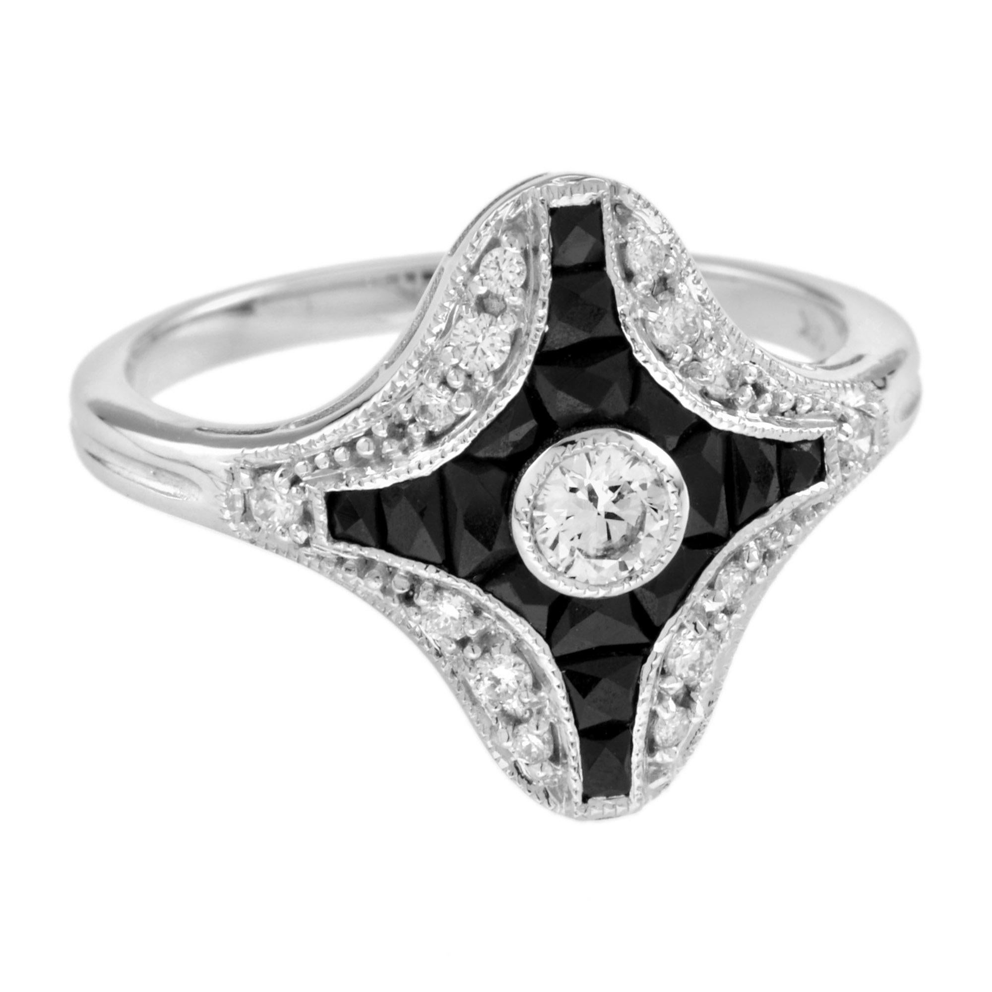 Art Deco inspired 14k white gold, with center H color SI clarity, round brilliant cut diamond. In additional, there are sixteen French cut onyxes. The ring also has additional diamond accent of .15 carat. It is an excellent choice for a stylish