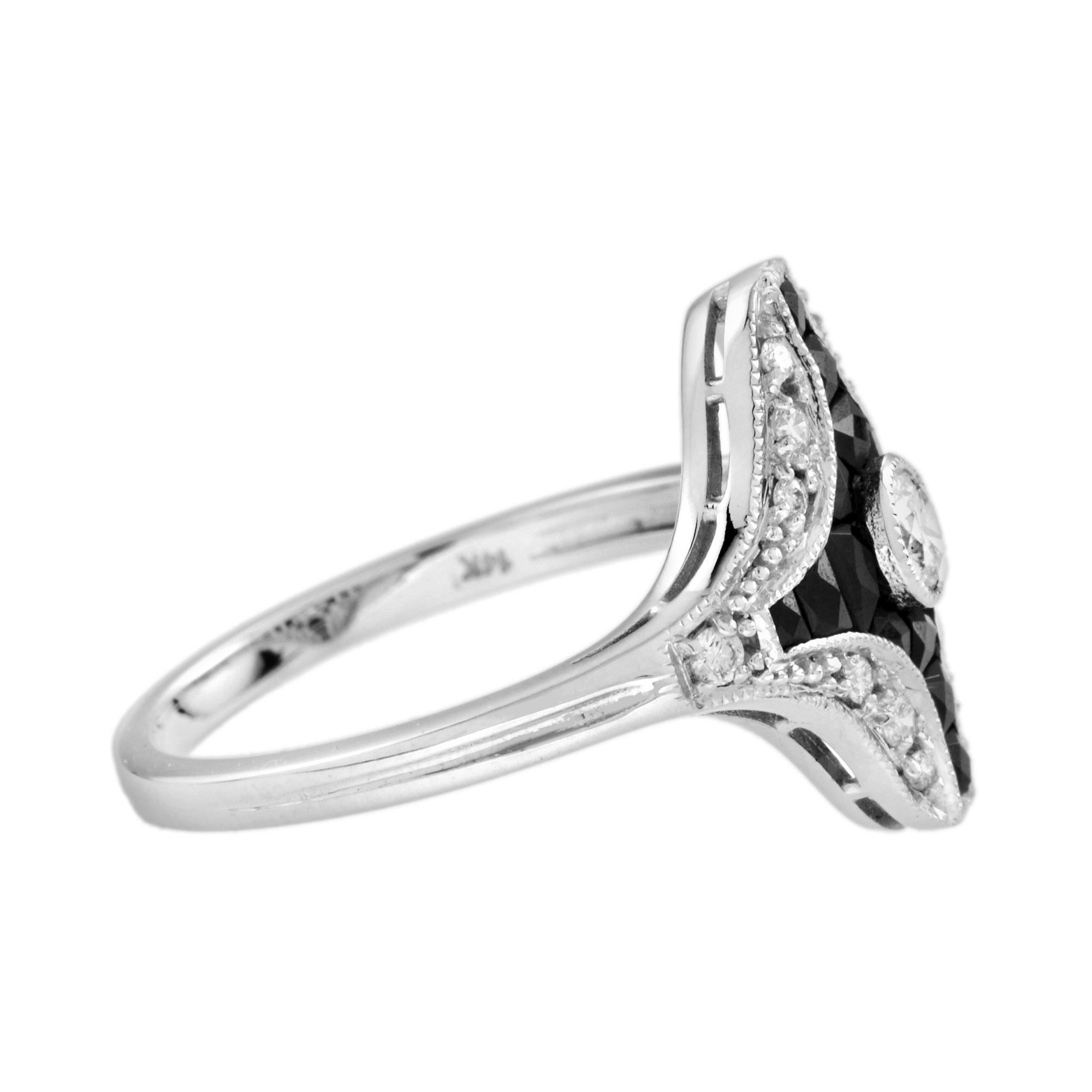 Round Cut Diamond and Onyx Art Deco Style Ring in 14k White Gold For Sale