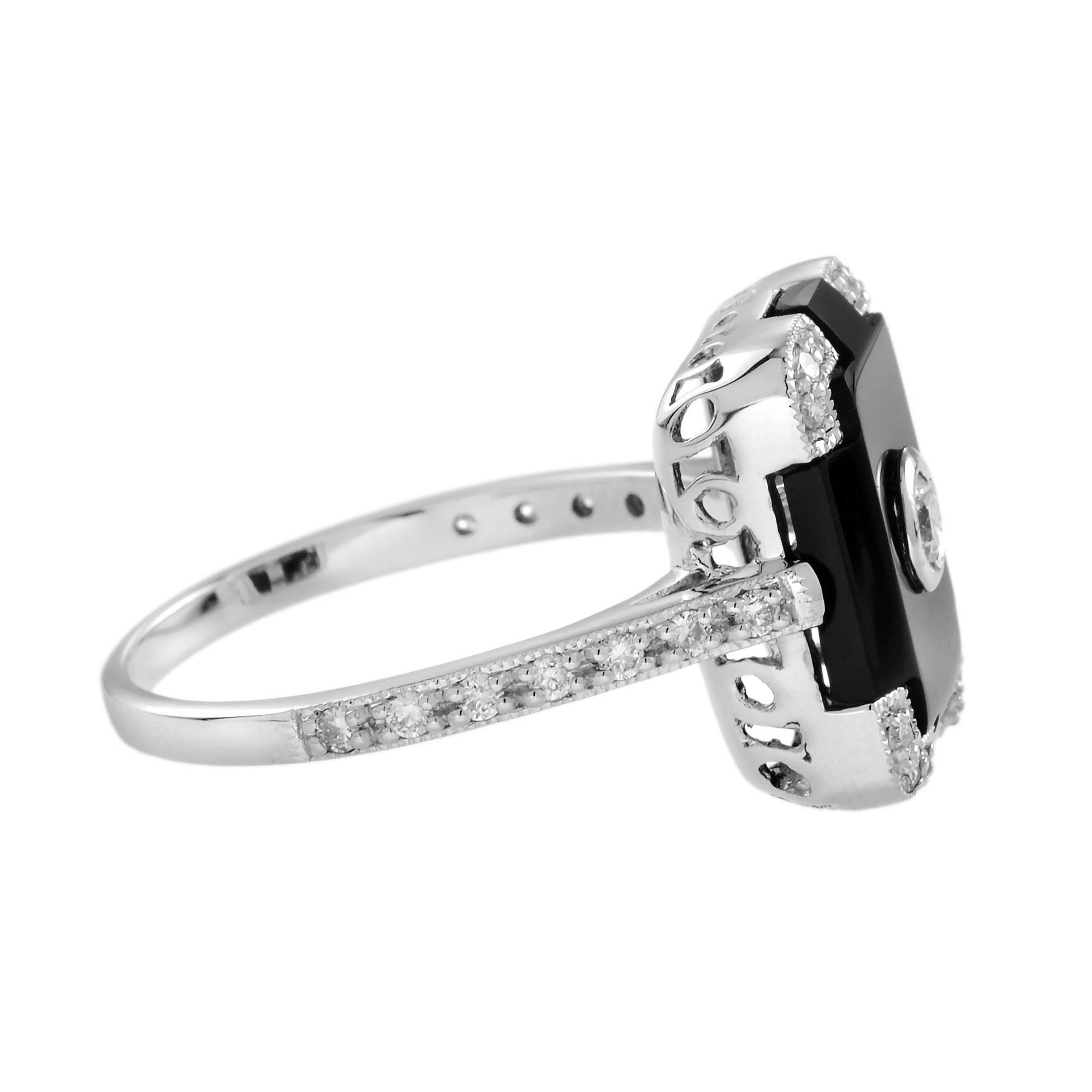 Taglio rotondo Anello in stile Art Deco con diamanti e onice in oro bianco 14K in vendita