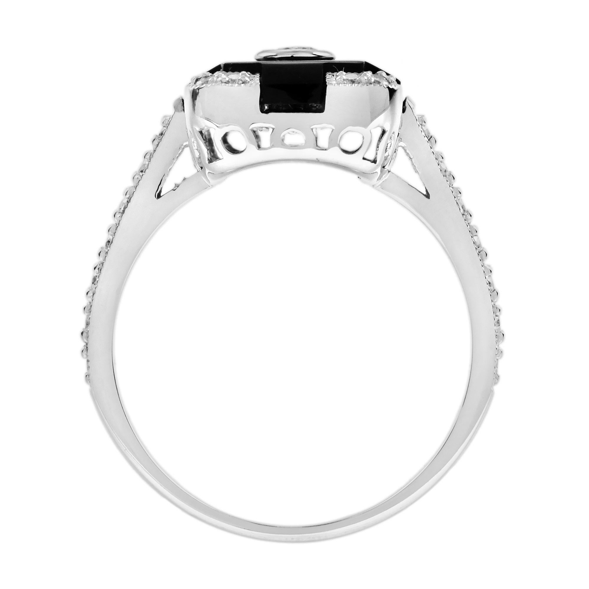 Donna Anello in stile Art Deco con diamanti e onice in oro bianco 14K in vendita