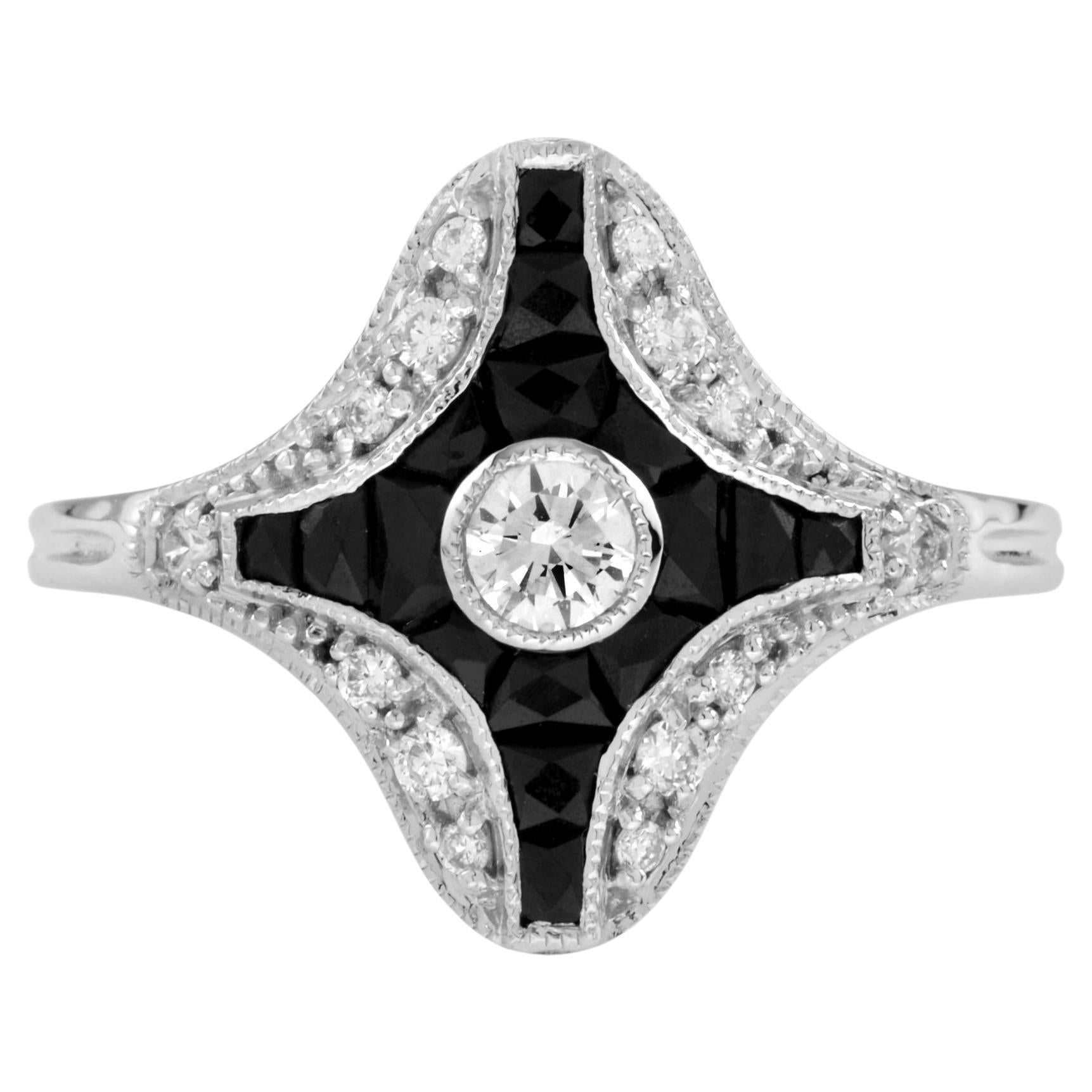 Ring aus 14 Karat Weißgold mit Diamanten und Onyx im Art-déco-Stil im Angebot