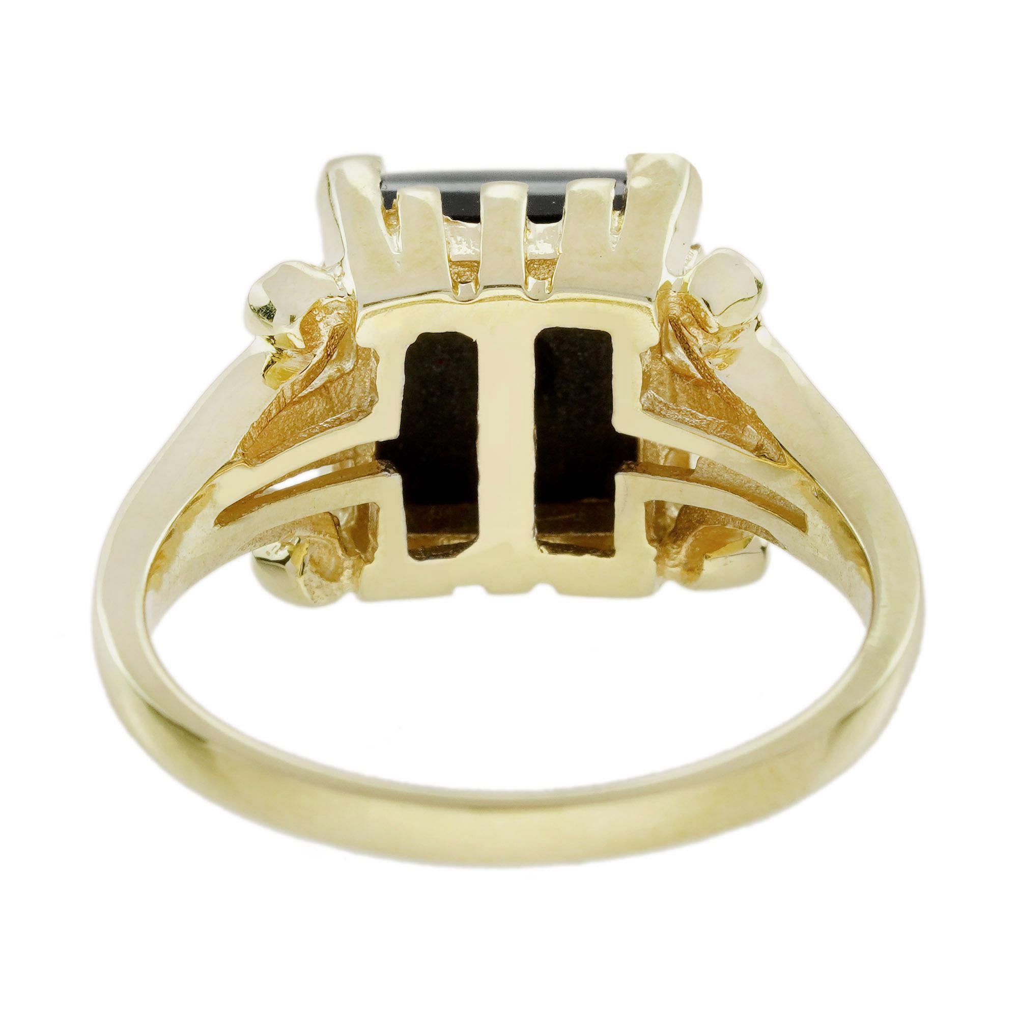 Women's Diamond and Onyx Art Deco Style Ring in 14K Yellow Gold For Sale