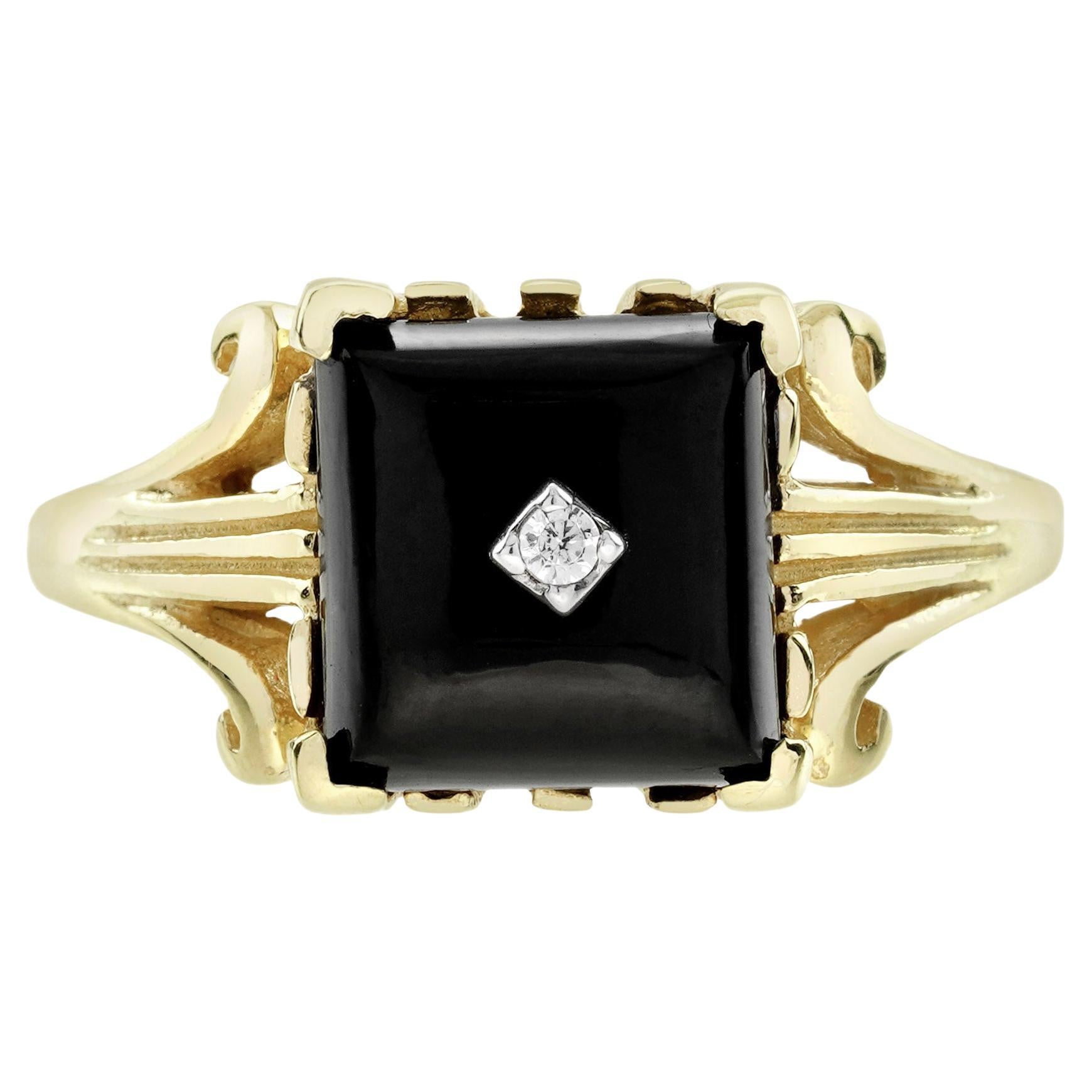Ring aus 14 Karat Gelbgold mit Diamanten und Onyx im Art-déco-Stil