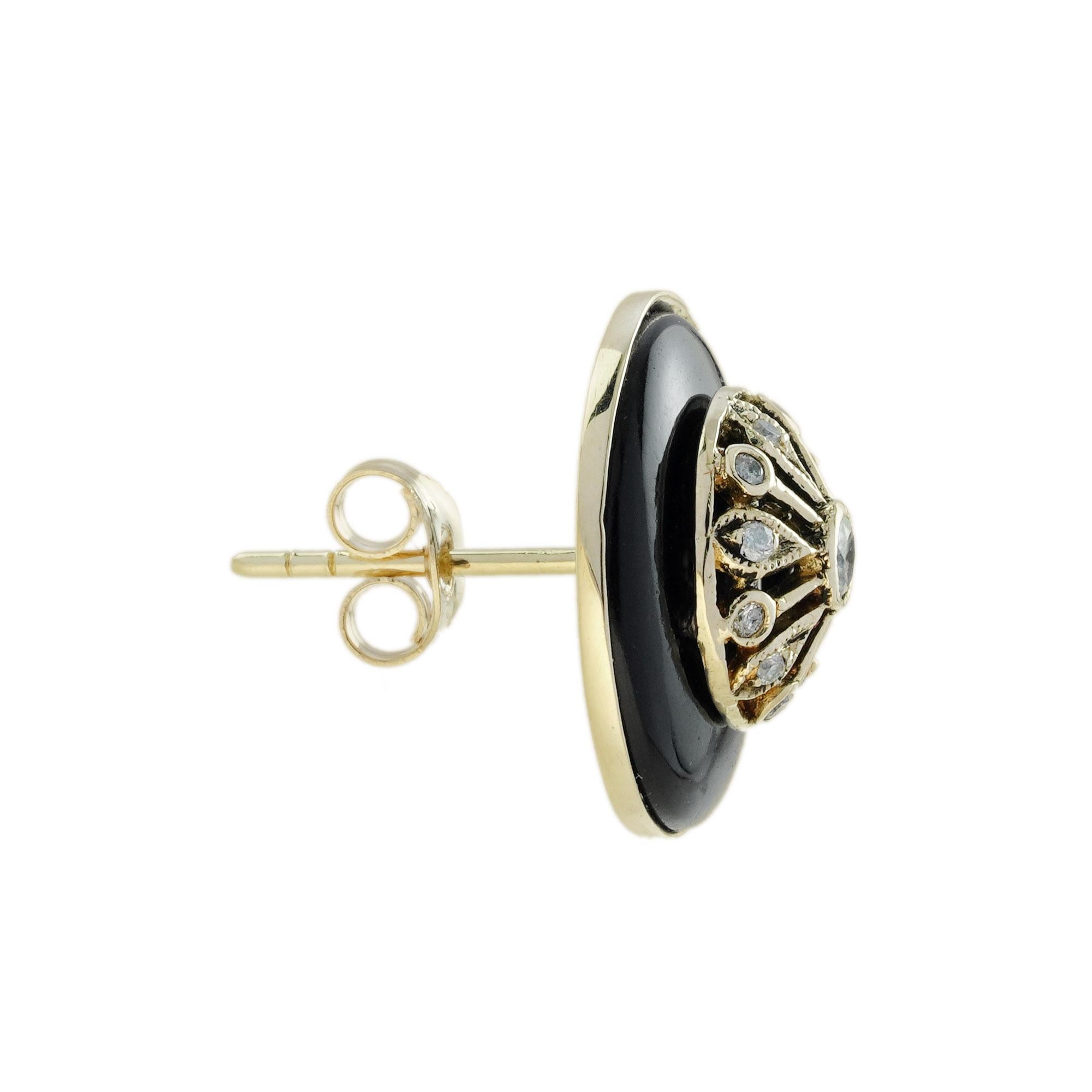 Round Cut Diamond and Onyx Art Deco Style Stud Earrings in 9K Yellow Gold