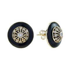 Diamond and Onyx Art Deco Style Stud Earrings in 9K Yellow Gold