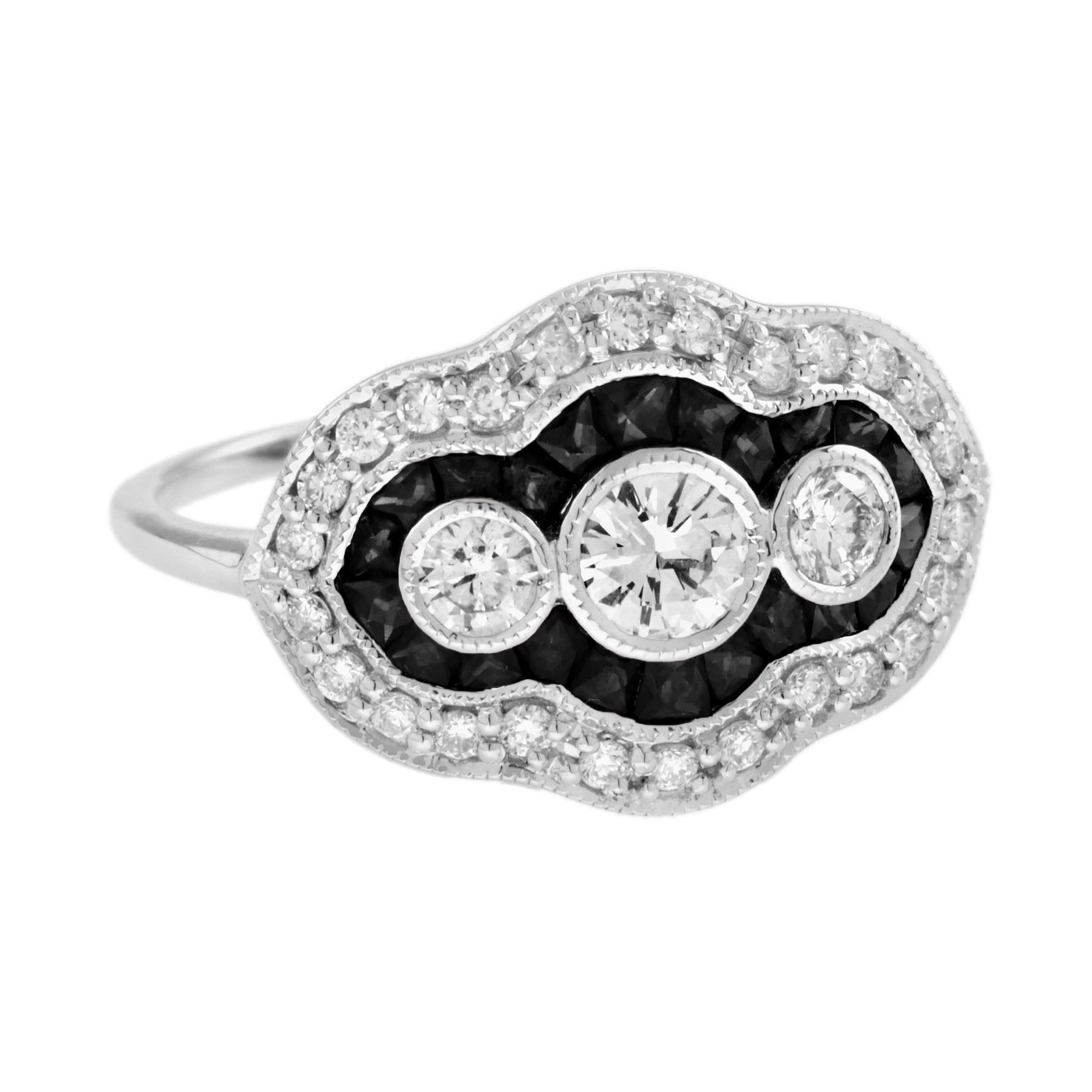 For Sale:  Diamond and Onyx Art Deco Style Three Stone Ring in 14K White Gold 3
