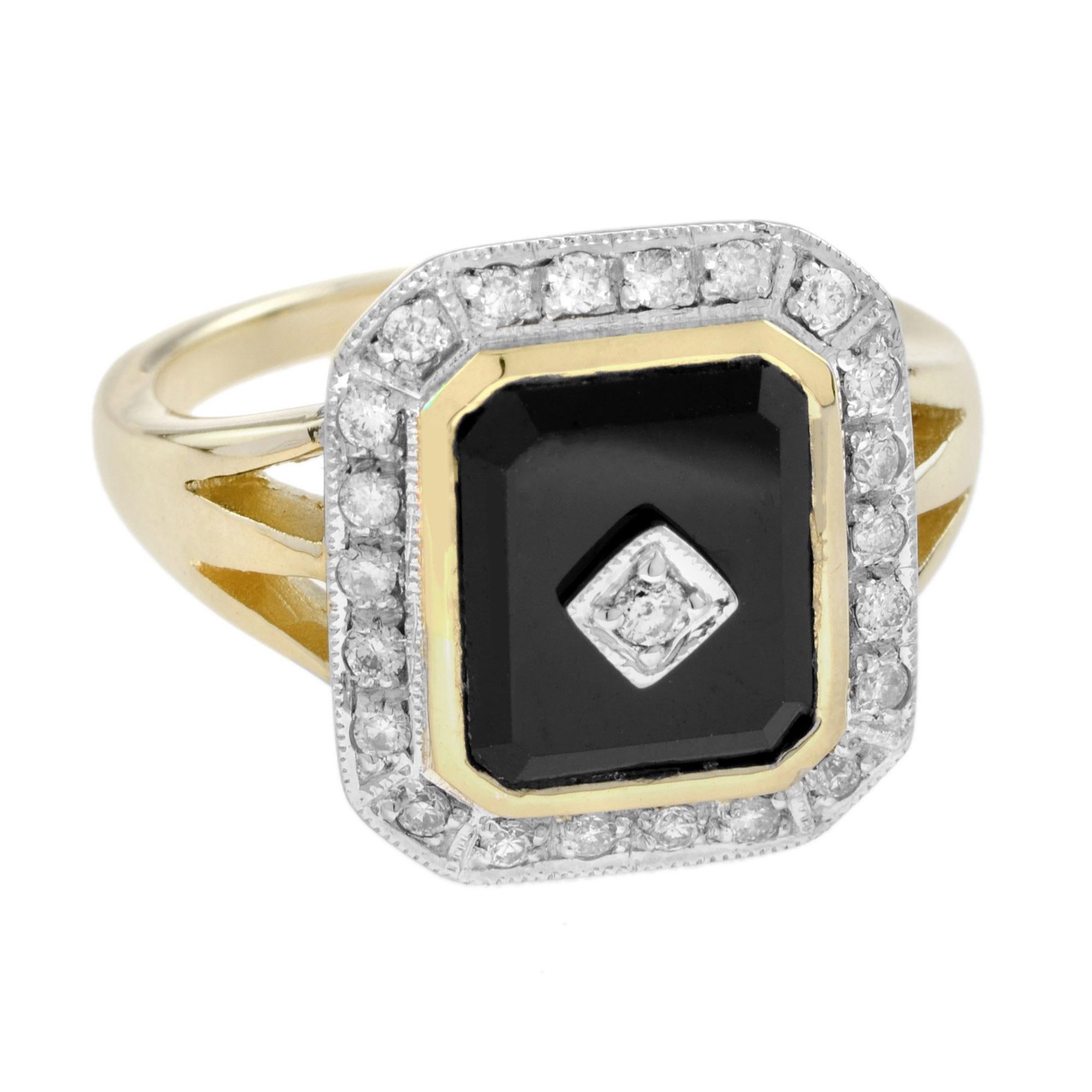The cushion shape onyx with plaque top with square shaped bezel set diamond, within round diamond border. The shank is split to give the appearance of three rows.

Ring Information
Style: Art-deco
Metal: 9K Yellow Gold
Total weight: 5.82 g. (approx.