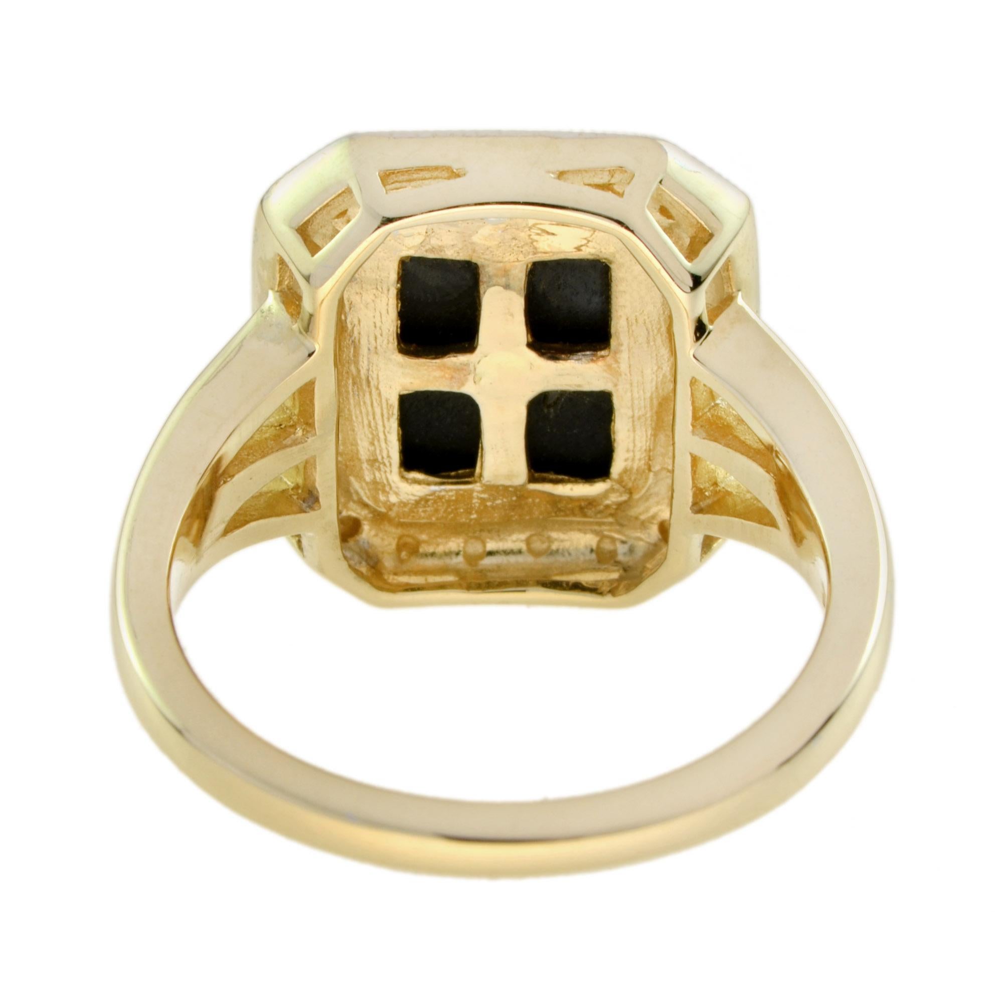 Dreifacher Schaftring aus 9 Karat Gelbgold mit Diamanten und Onyx im Art-déco-Stil (Rundschliff) im Angebot