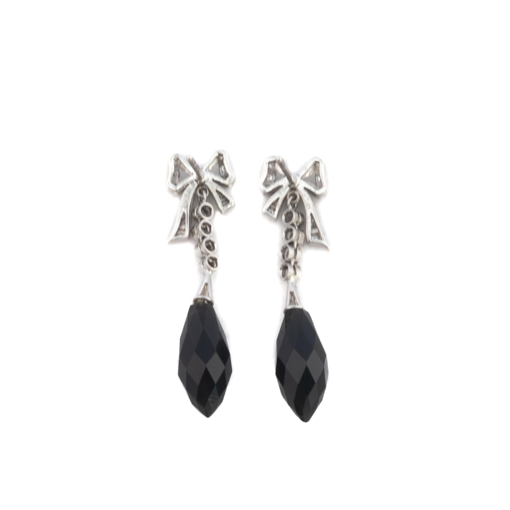 Round Cut Diamond and Onyx Bow Drop Earrings For Sale