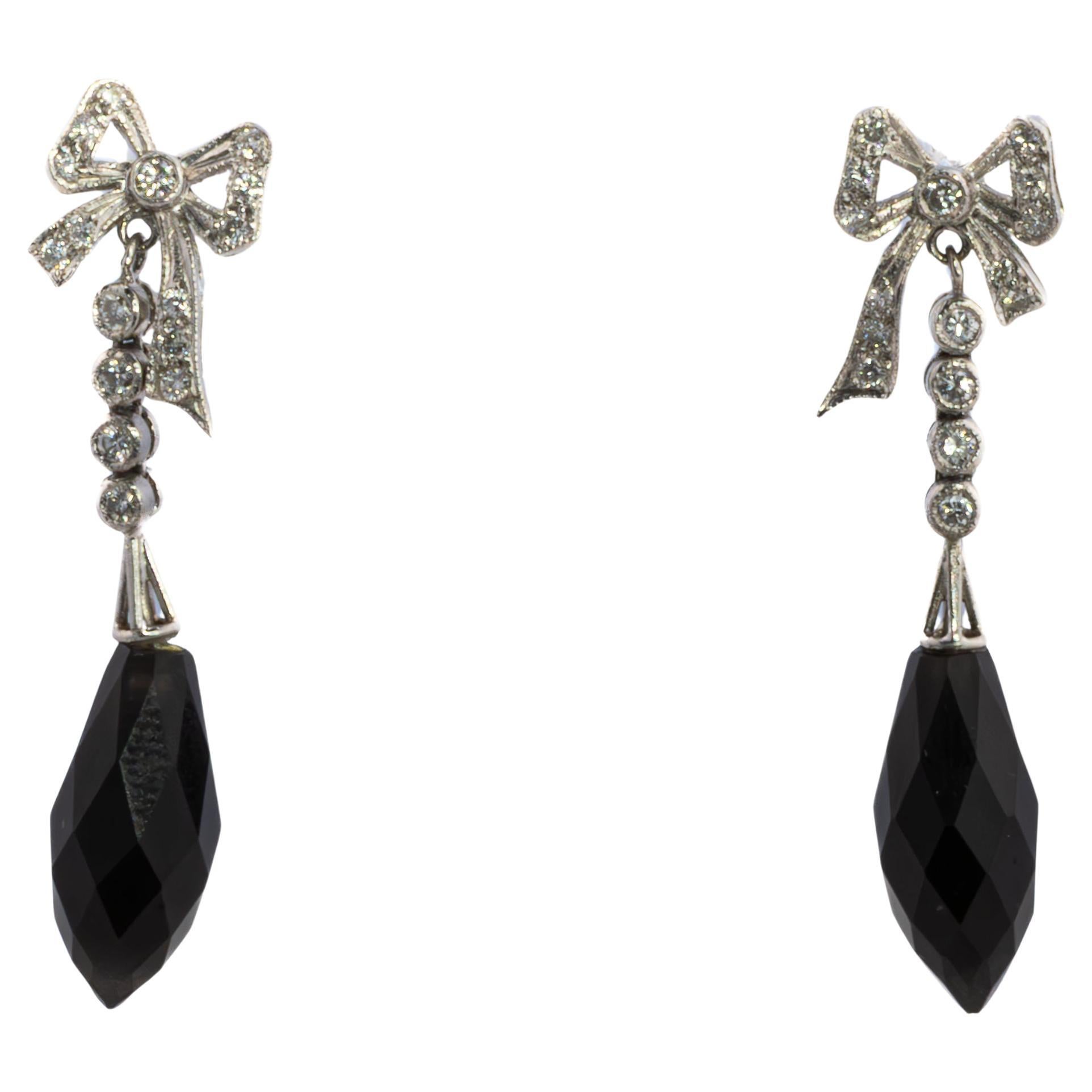 Diamond and Onyx Bow Drop Earrings For Sale