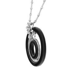 Diamond And Onyx Butterfly Circular Pendant Necklace 18K White Gold 2.25Ctw 18in