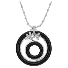 Diamond And Onyx Butterfly Circular Pendant Necklace 18K White Gold 2.25Ctw 18in