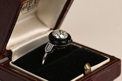 Diamond and Onyx Engagement Ring. 1.20ct Old Euro Diamond Halo Platinum J VS2