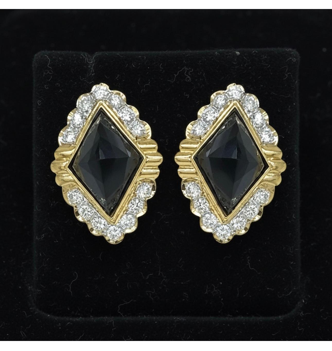 Diamond And Onyx Faceted 18k Yellow Gold Earrings - image 2