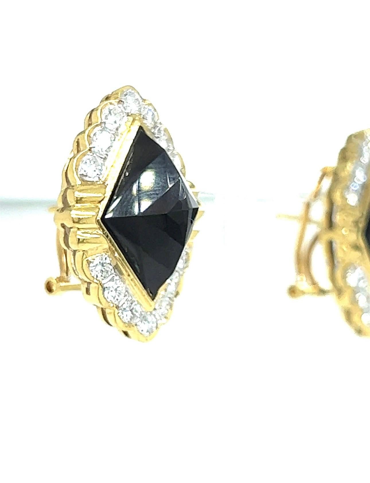 Diamond And Onyx Faceted 18k Yellow Gold Earrings - image 3