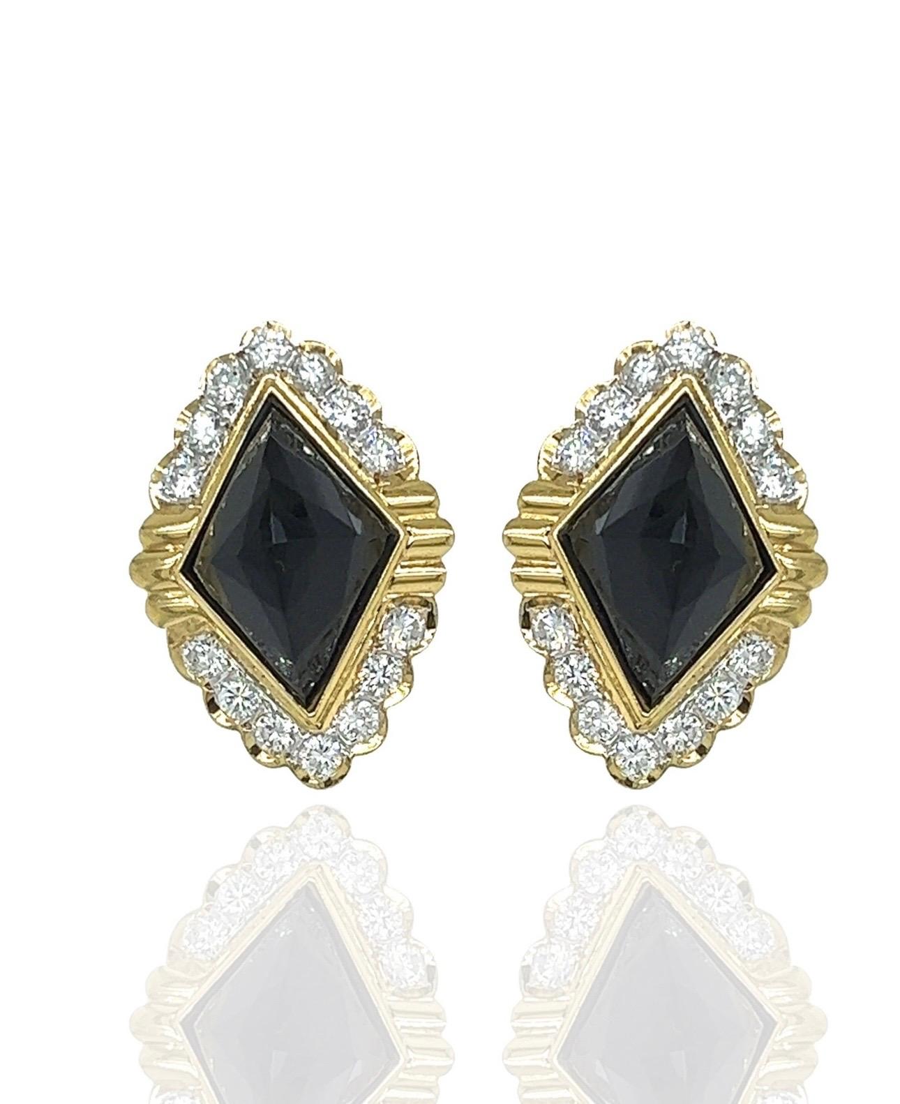 Diamond And Onyx Faceted 18k Yellow Gold Earrings - image 7