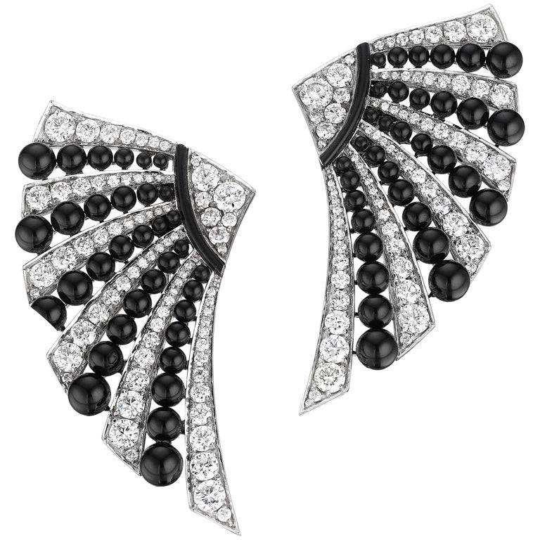 Siegelson diamond, onyx and white gold fan earrings, 2019