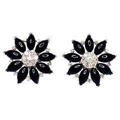 Diamond and Onyx Flower Earrings in 18K White Gold, .91 Carat Total