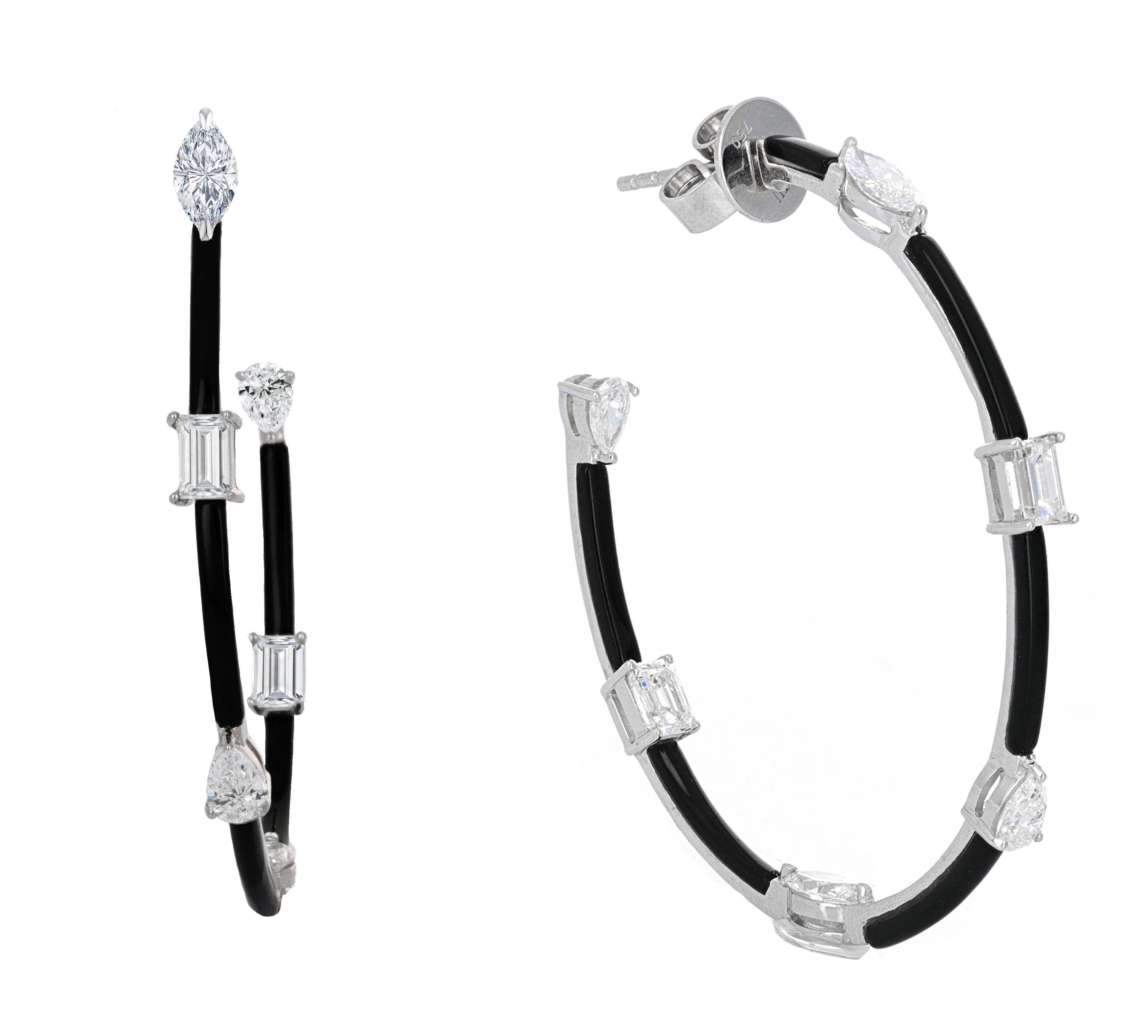 Modernist Diamond and Onyx Hoop Earrings For Sale