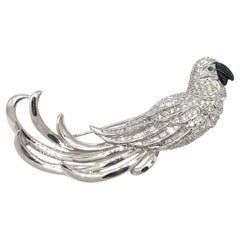 Diamond and Onyx Parrot Pin/Brooch with Emerald Eye in 18k White Gold