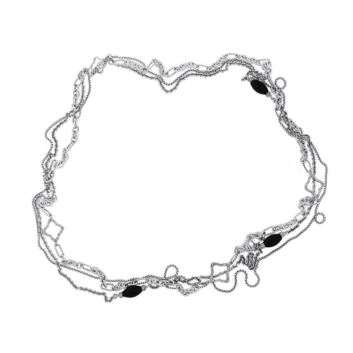 Round Cut Diamond and Onyx Quatrefoil Multi Strand Necklace