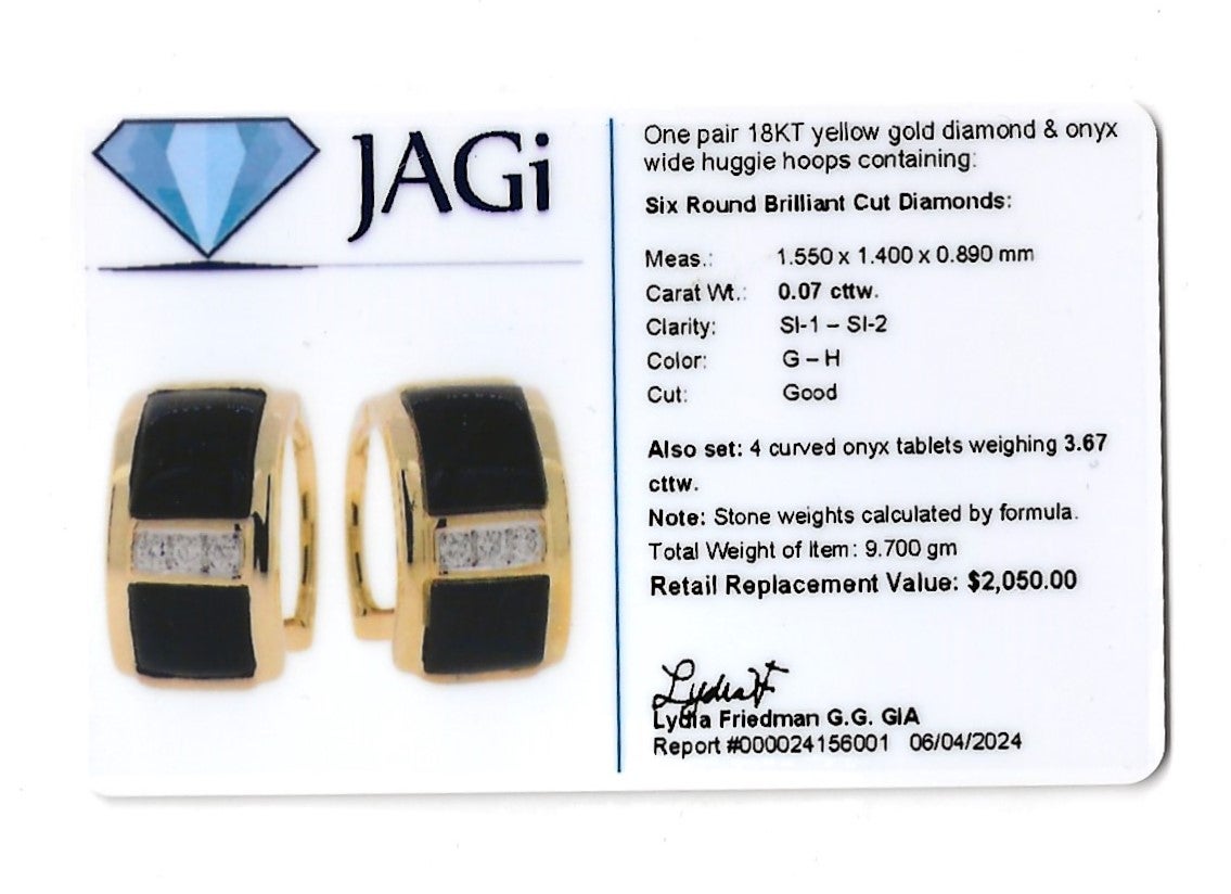 Orecchini a cerchio con diamante e onice in oro giallo 18 carati con chiusura Omega Back in vendita 6