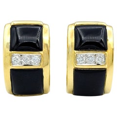 Diamond and Onyx Tablet Omega Back Huggie Hoop Earrings in 18 Karat Yellow Gold