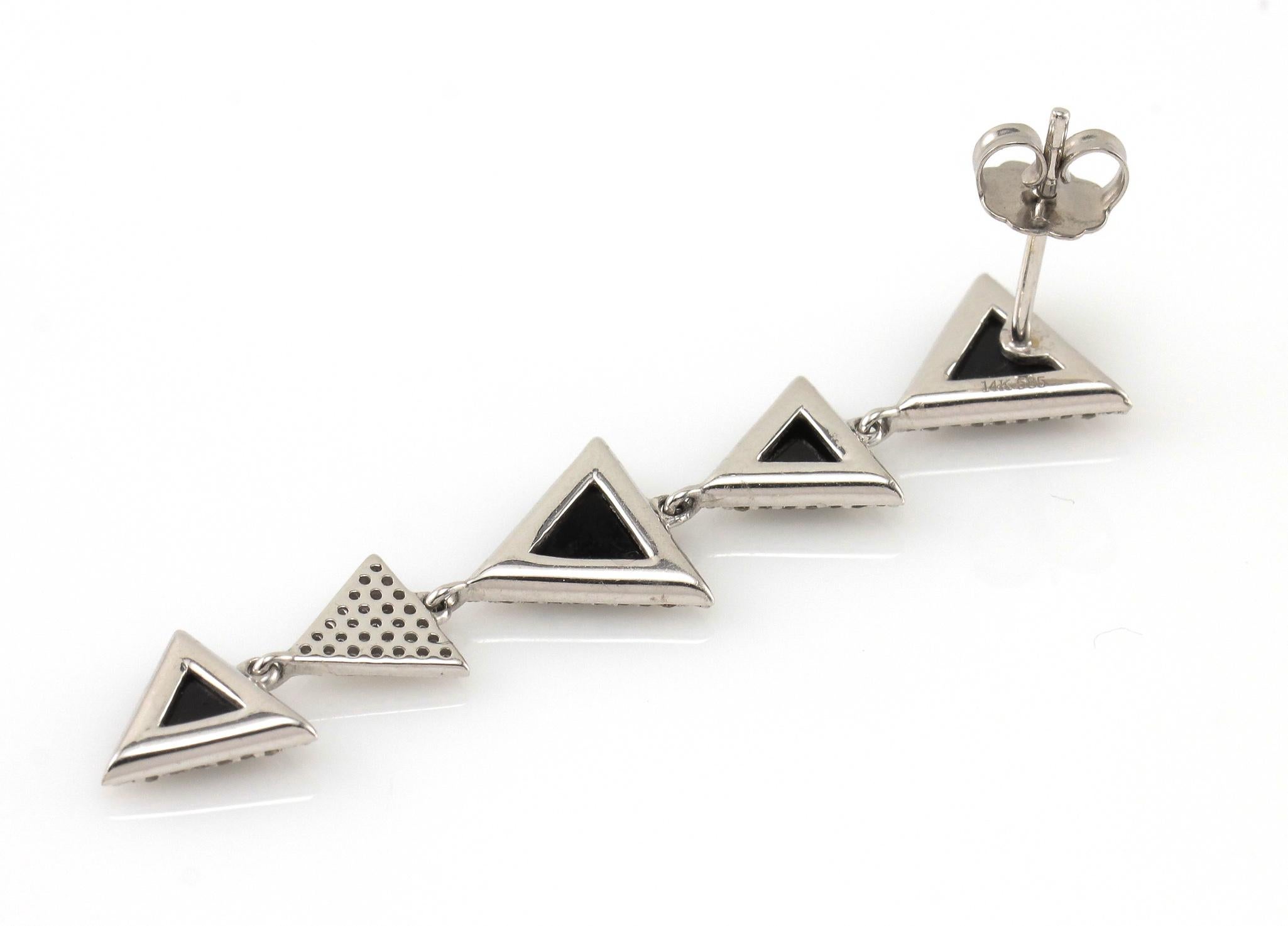 Modern Diamond and Onyx Triangle Drop Earrings For Sale