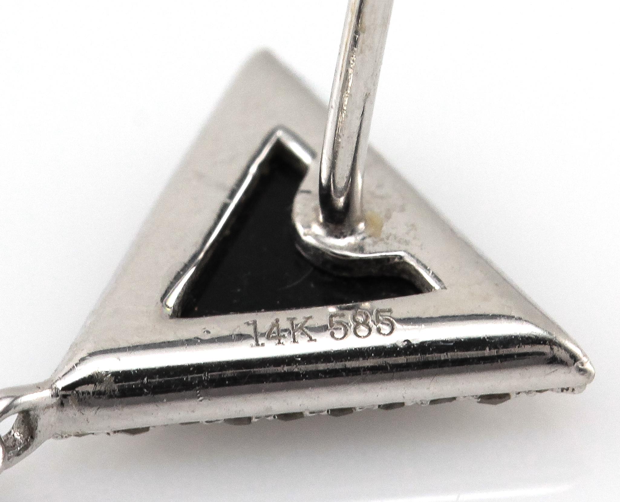 Trillion Cut Diamond and Onyx Triangle Drop Earrings For Sale