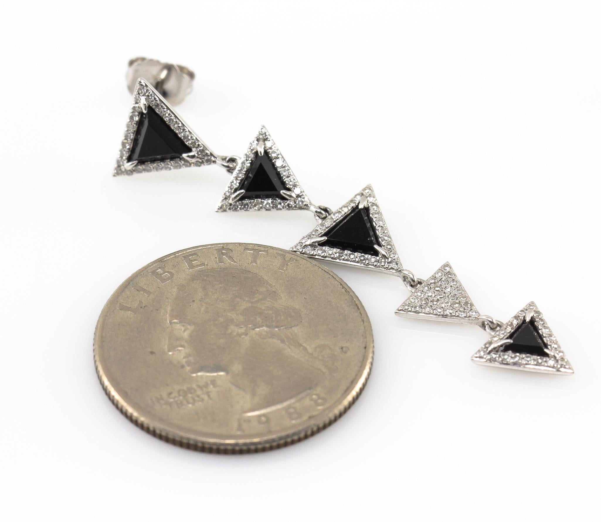 Women's or Men's Diamond and Onyx Triangle Drop Earrings For Sale