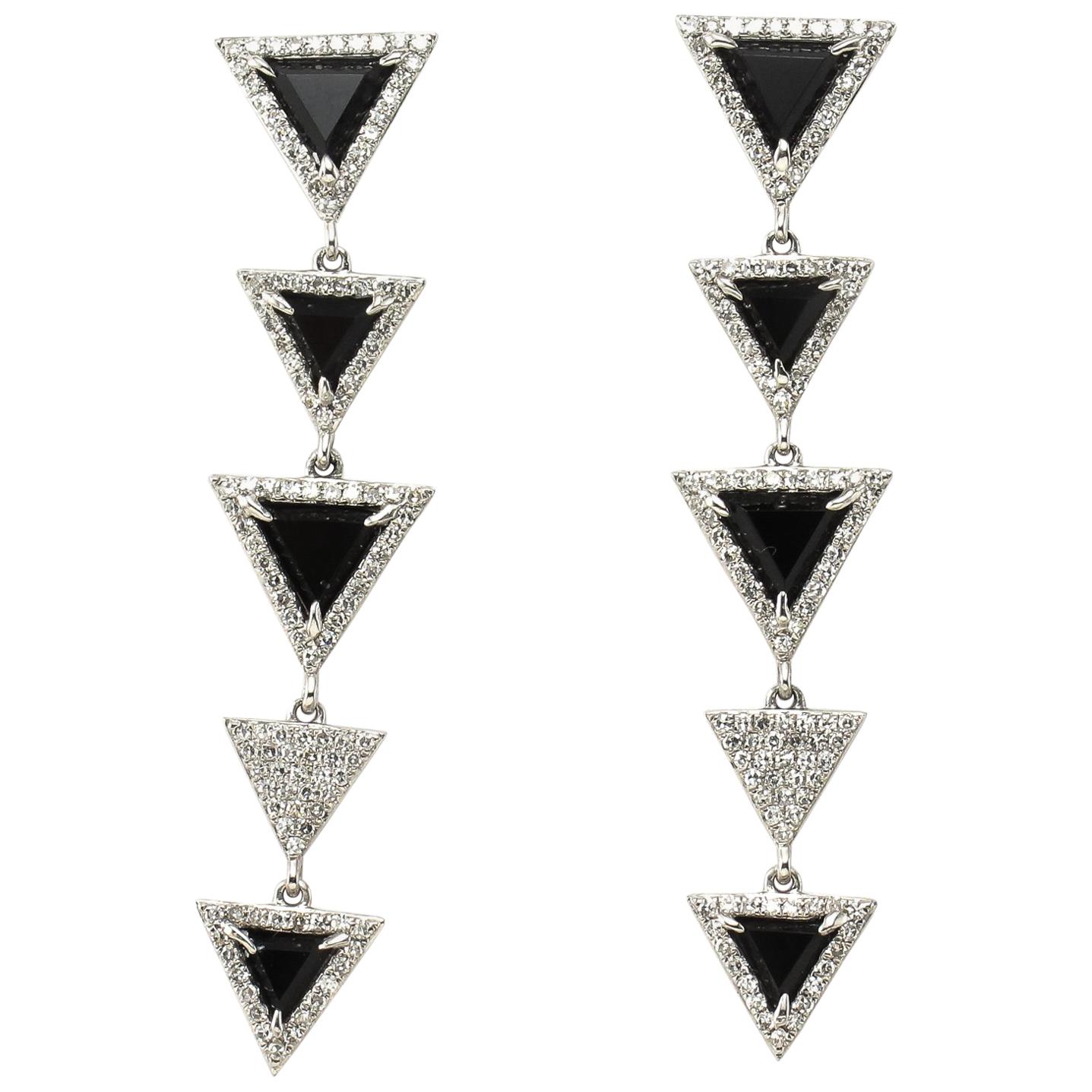 Diamond and Onyx Triangle Drop Earrings For Sale