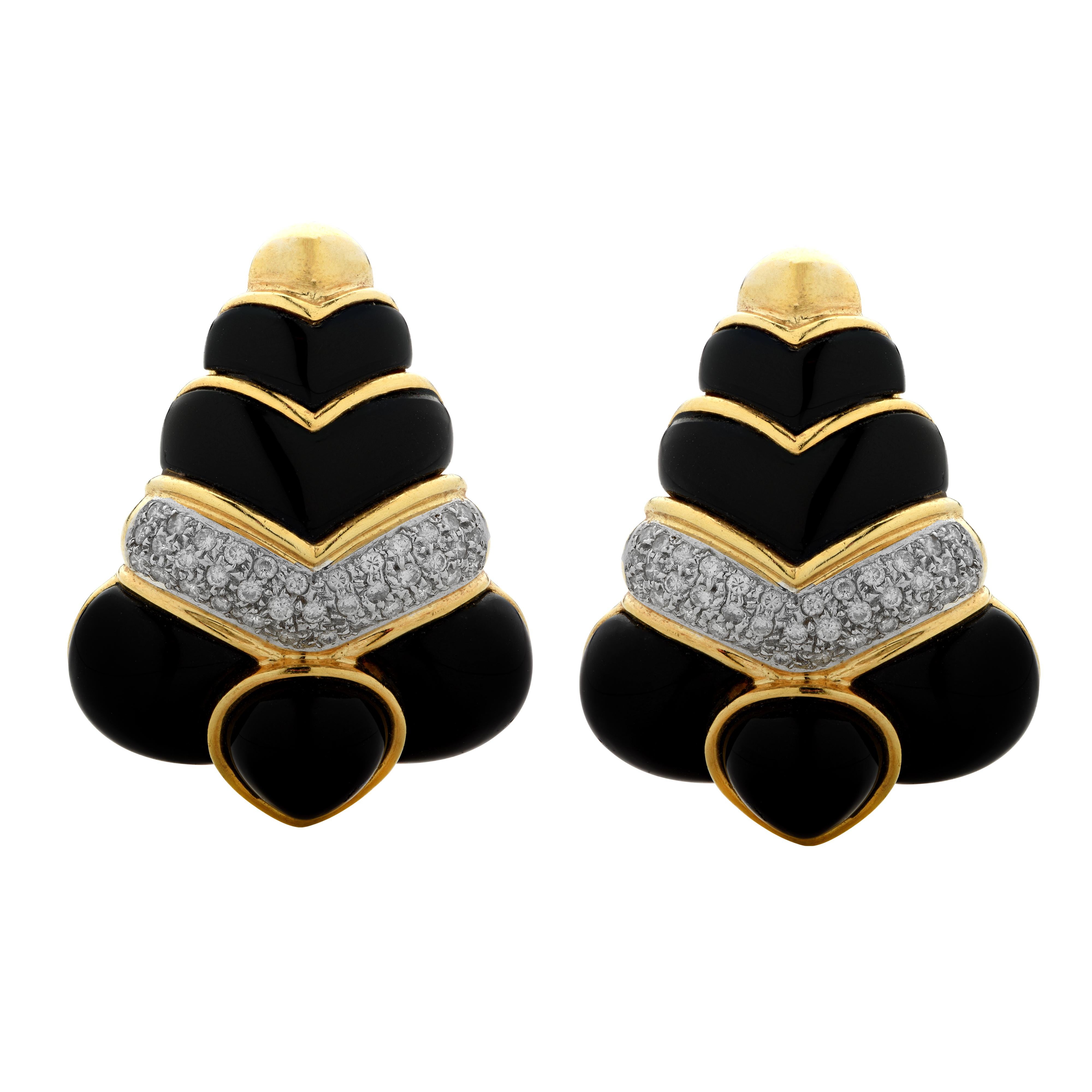 Modern Diamond and Onyx Yellow Gold Earrings