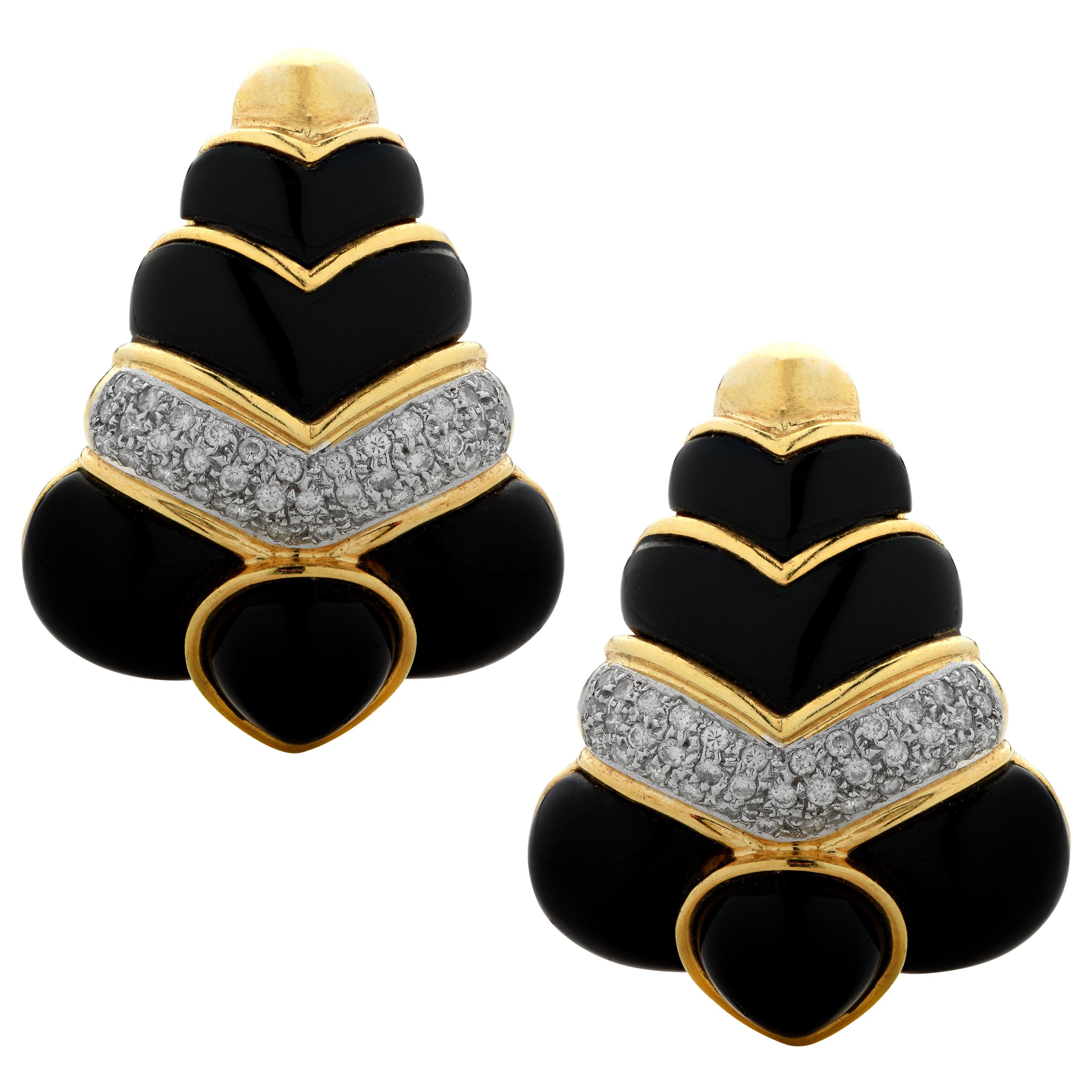 Diamond and Onyx Yellow Gold Earrings