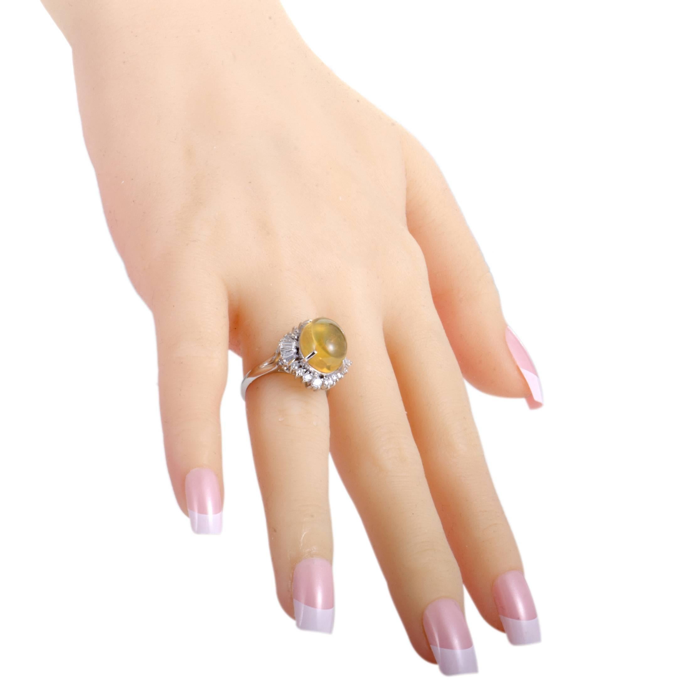 Round Cut Diamond and Opal Cabochon Platinum Ring