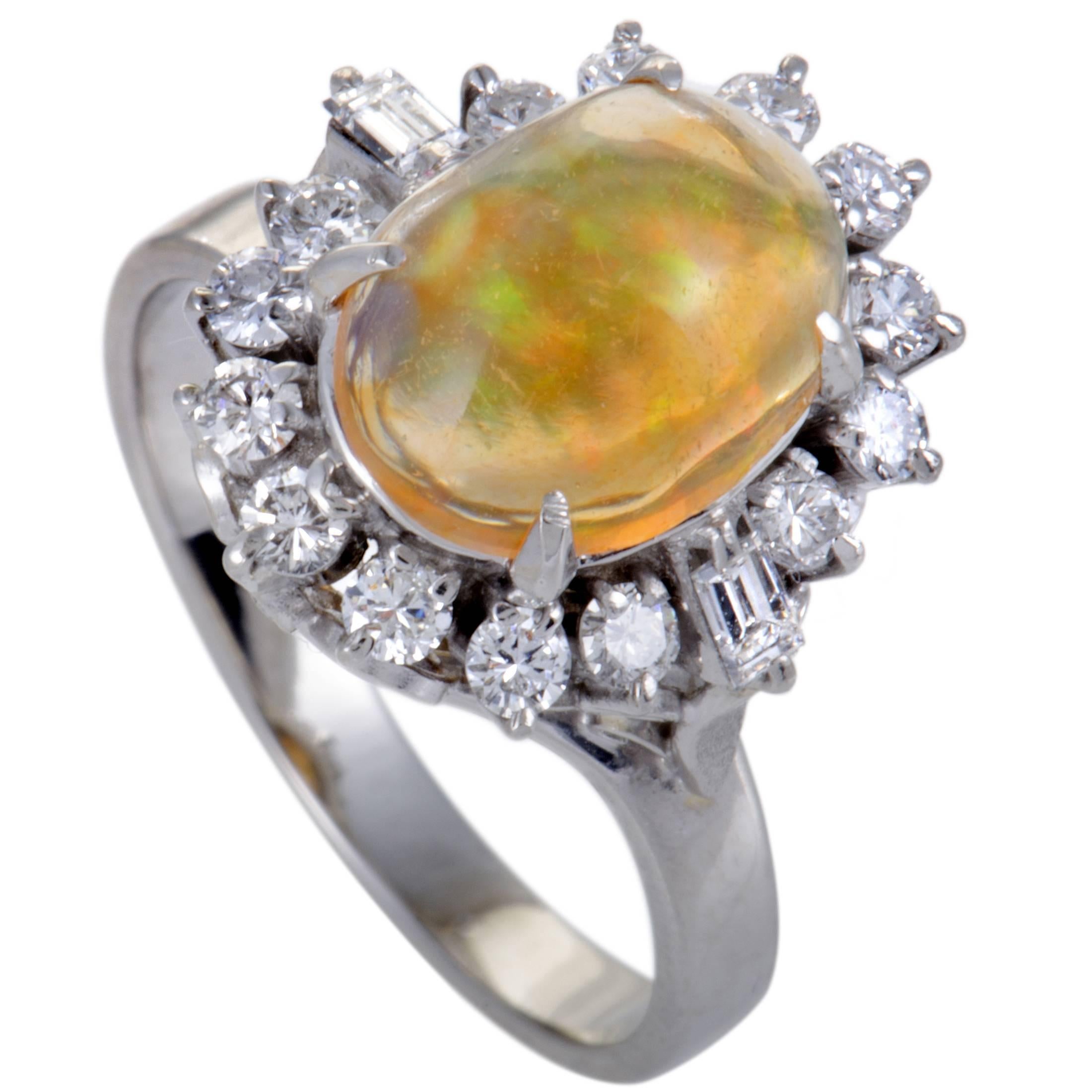 Diamond and Opal Cabochon Platinum Ring