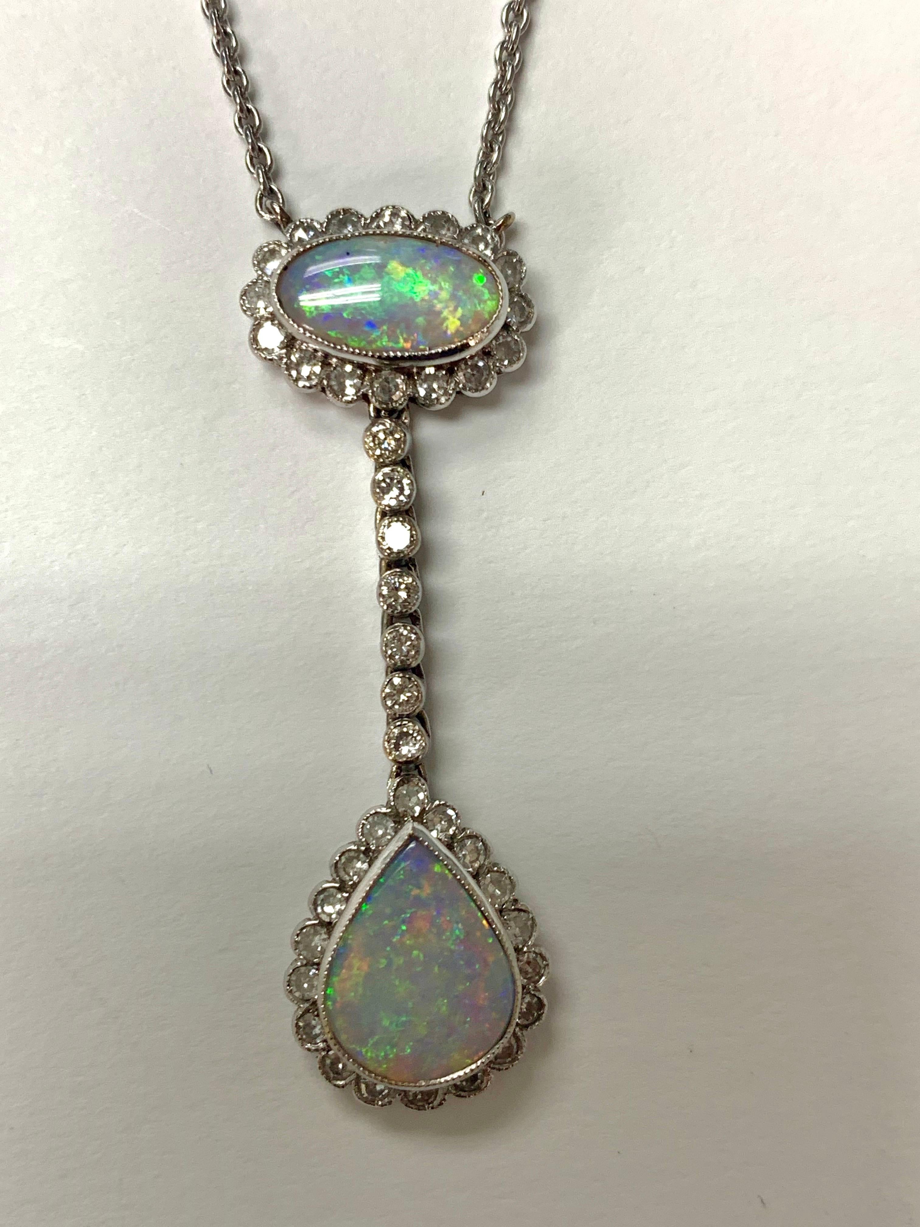 Round Cut Diamond and Opal Necklace in 18 Karat White Gold For Sale
