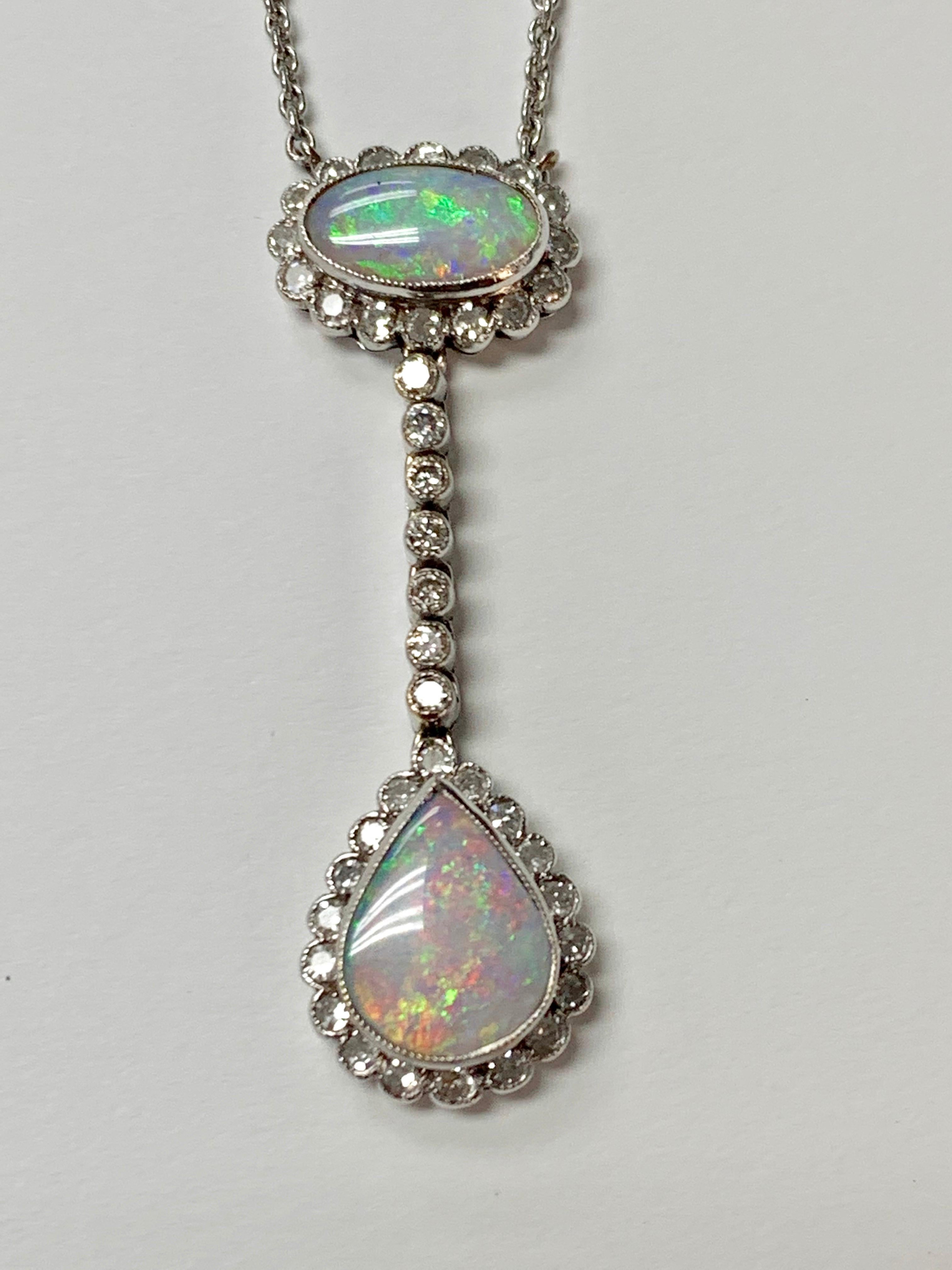 Women's Diamond and Opal Necklace in 18 Karat White Gold For Sale