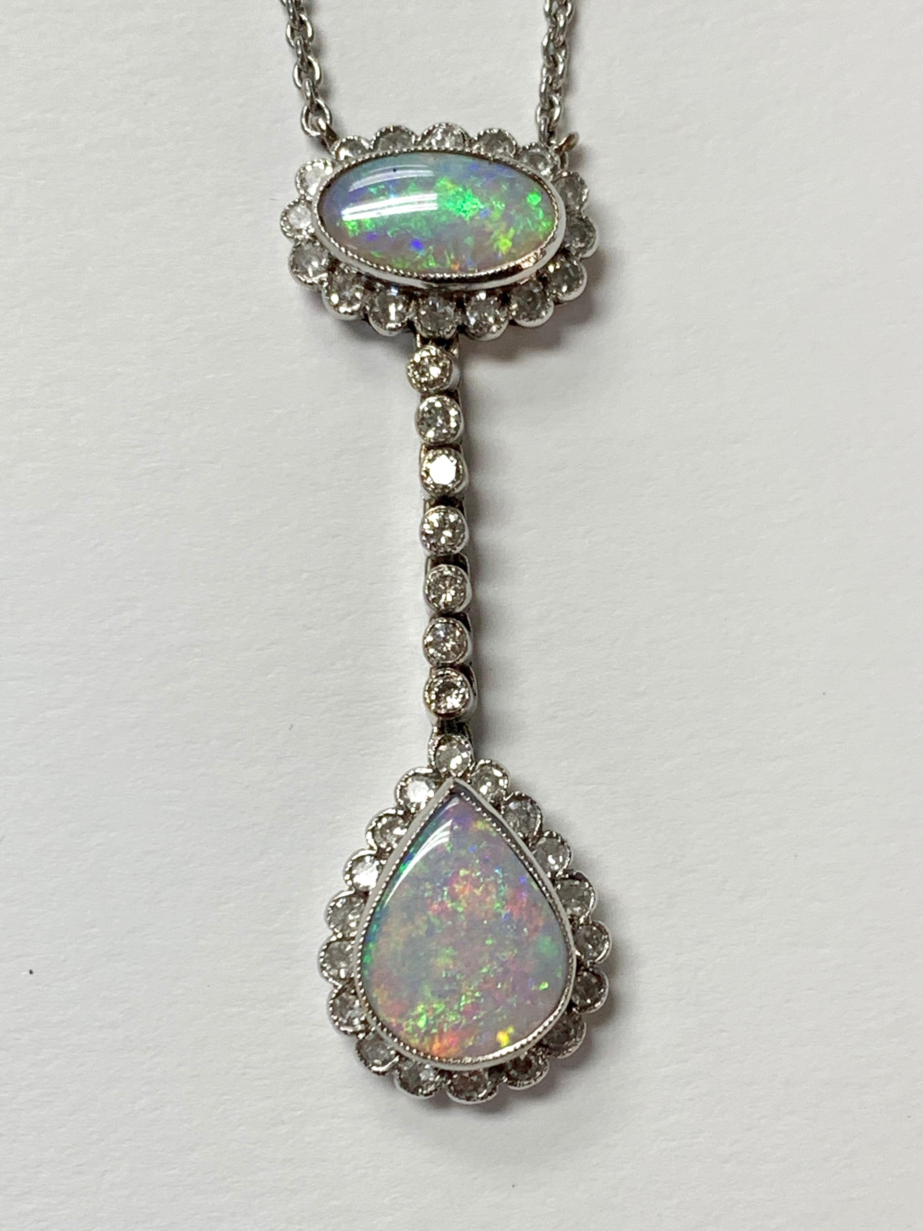 Diamond and Opal Necklace in 18 Karat White Gold For Sale 1