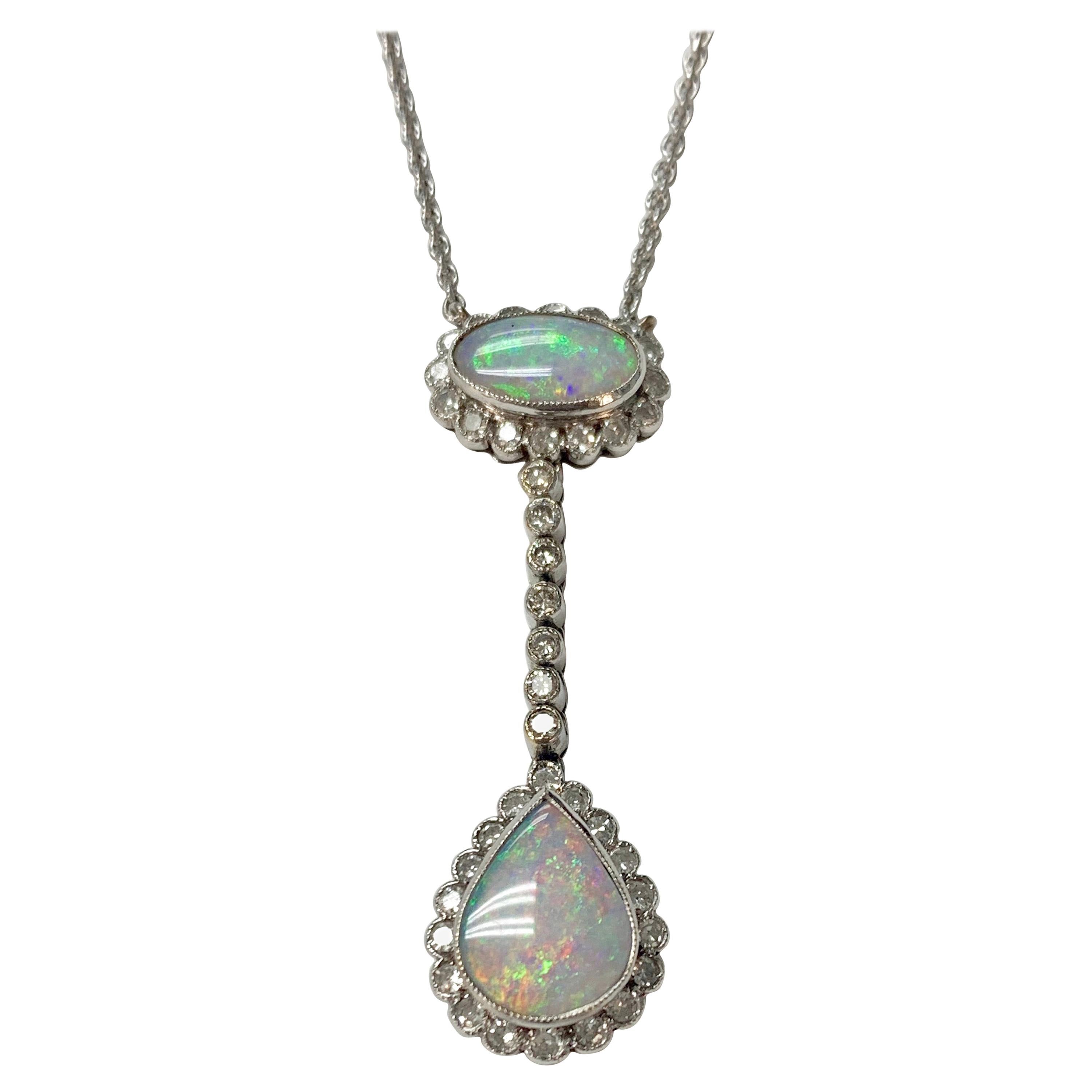 Diamond and Opal Necklace in 18 Karat White Gold For Sale