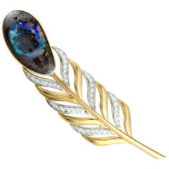 Diamond and Opal Yellow Gold and Platinum Feather Brooch